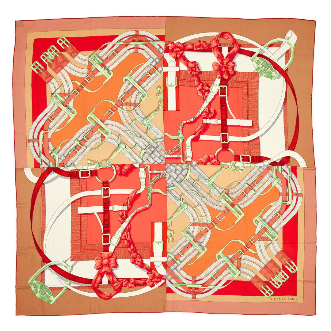 Red and Orange Cashmere and Silk Mors à Jouets Chemise Detail Shawl 140