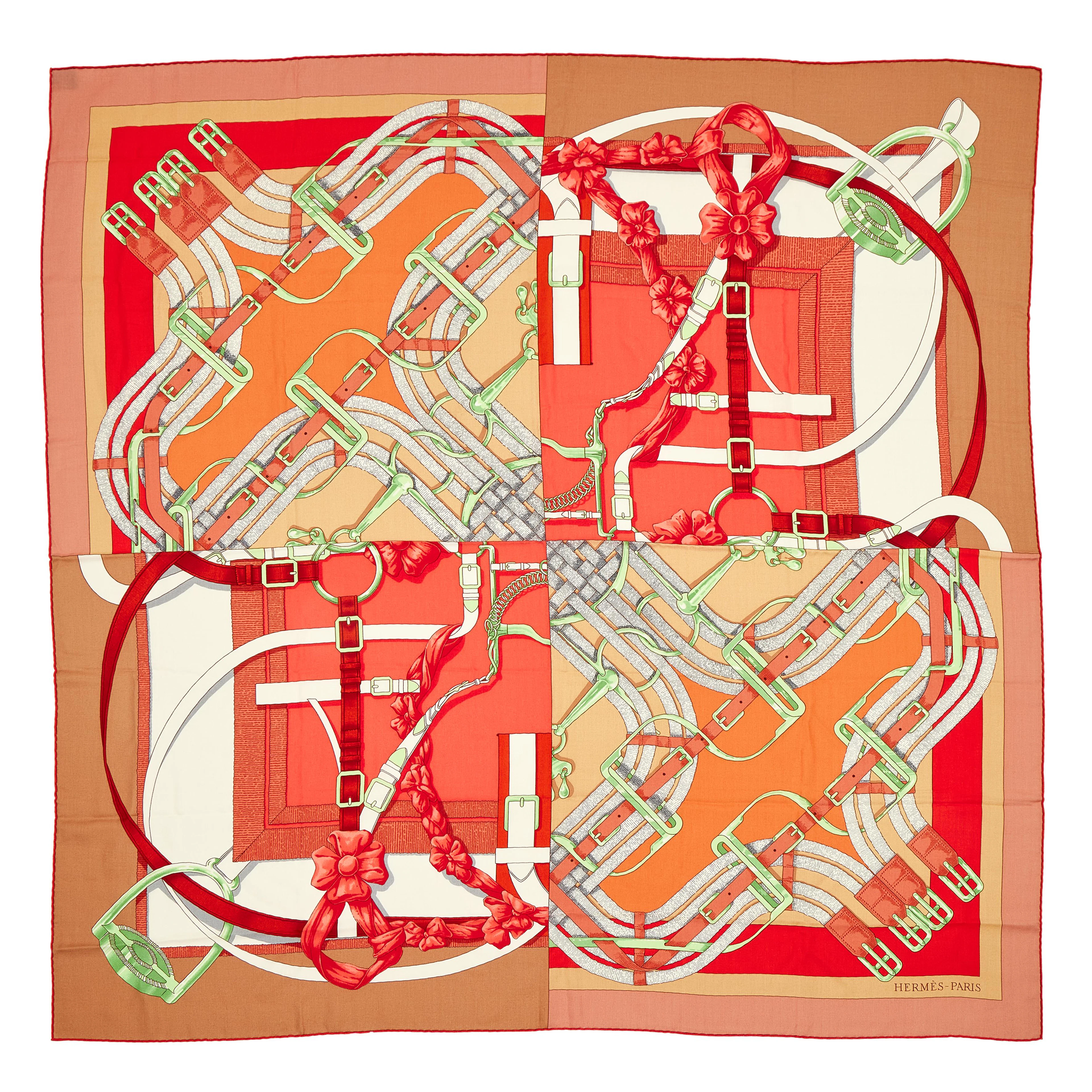 Red and Orange Cashmere and Silk Mors à Jouets Chemise Detail Shawl 140