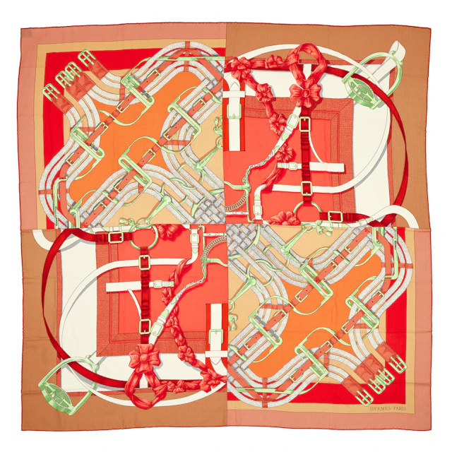 Red and Orange Cashmere and Silk Mors à Jouets Chemise Detail Shawl 140