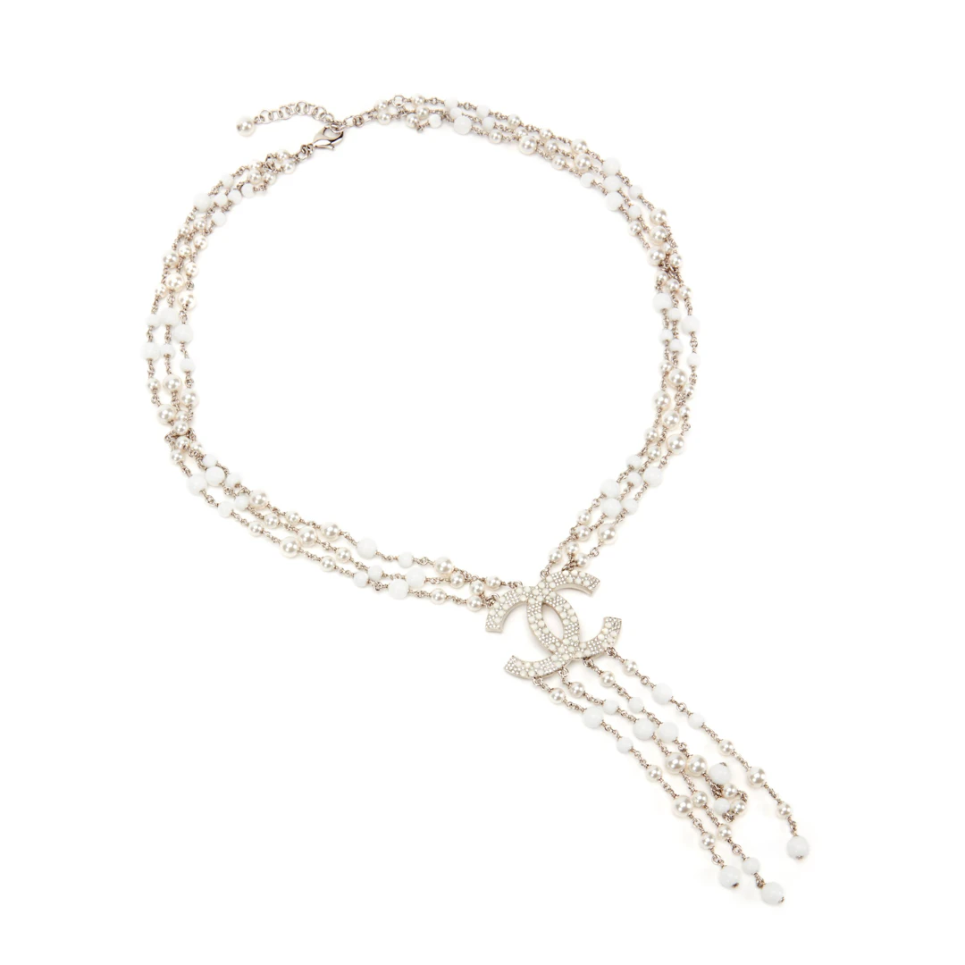 White Imitation Pearl, Glass and Strass CC Necklace, 2019
