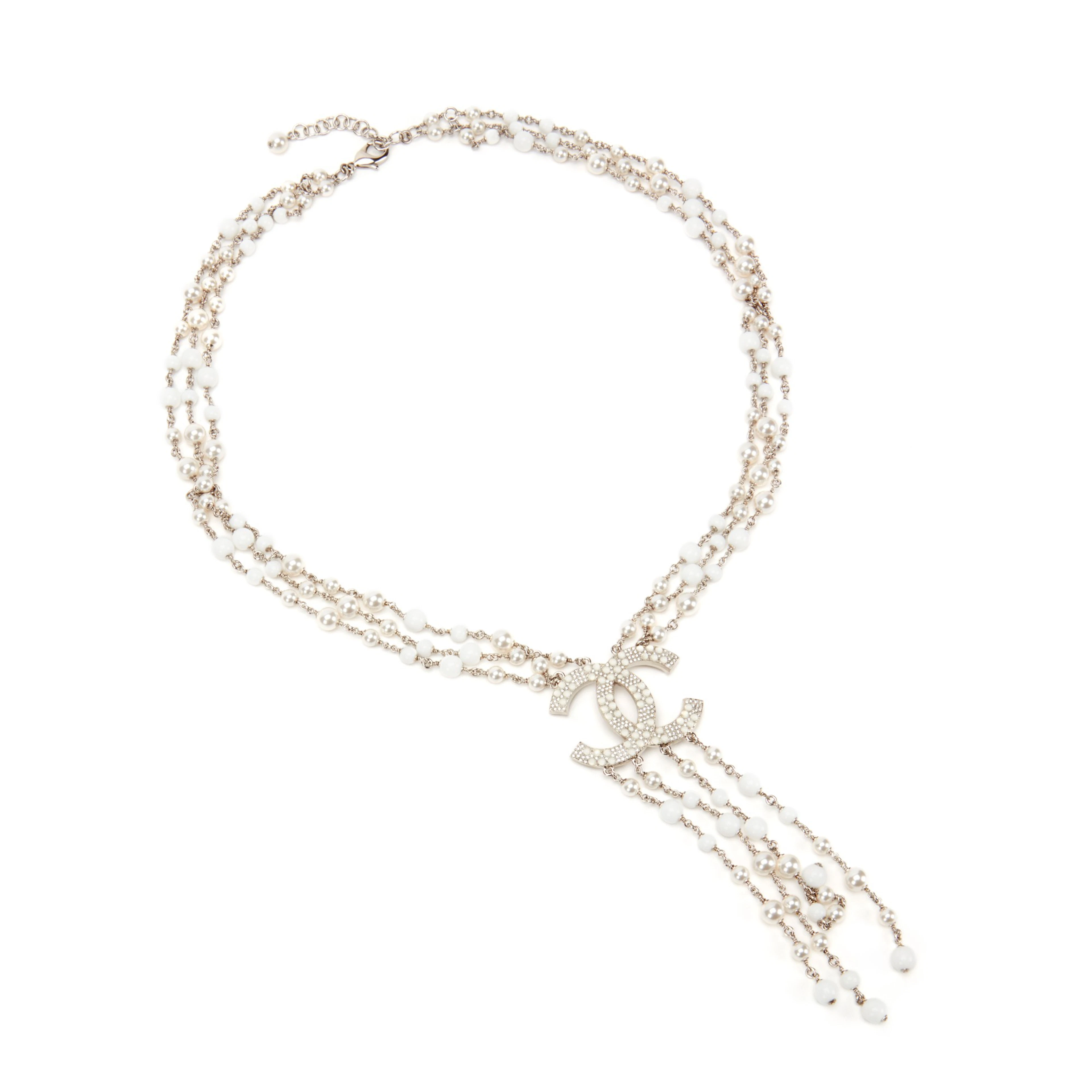 White Imitation Pearl, Glass and Strass CC Necklace, 2019
