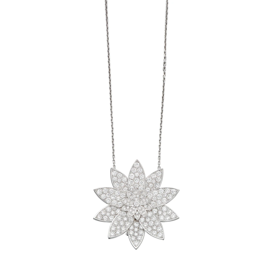 White Gold and Diamond Lotus Convertible Brooch Pendant Necklace