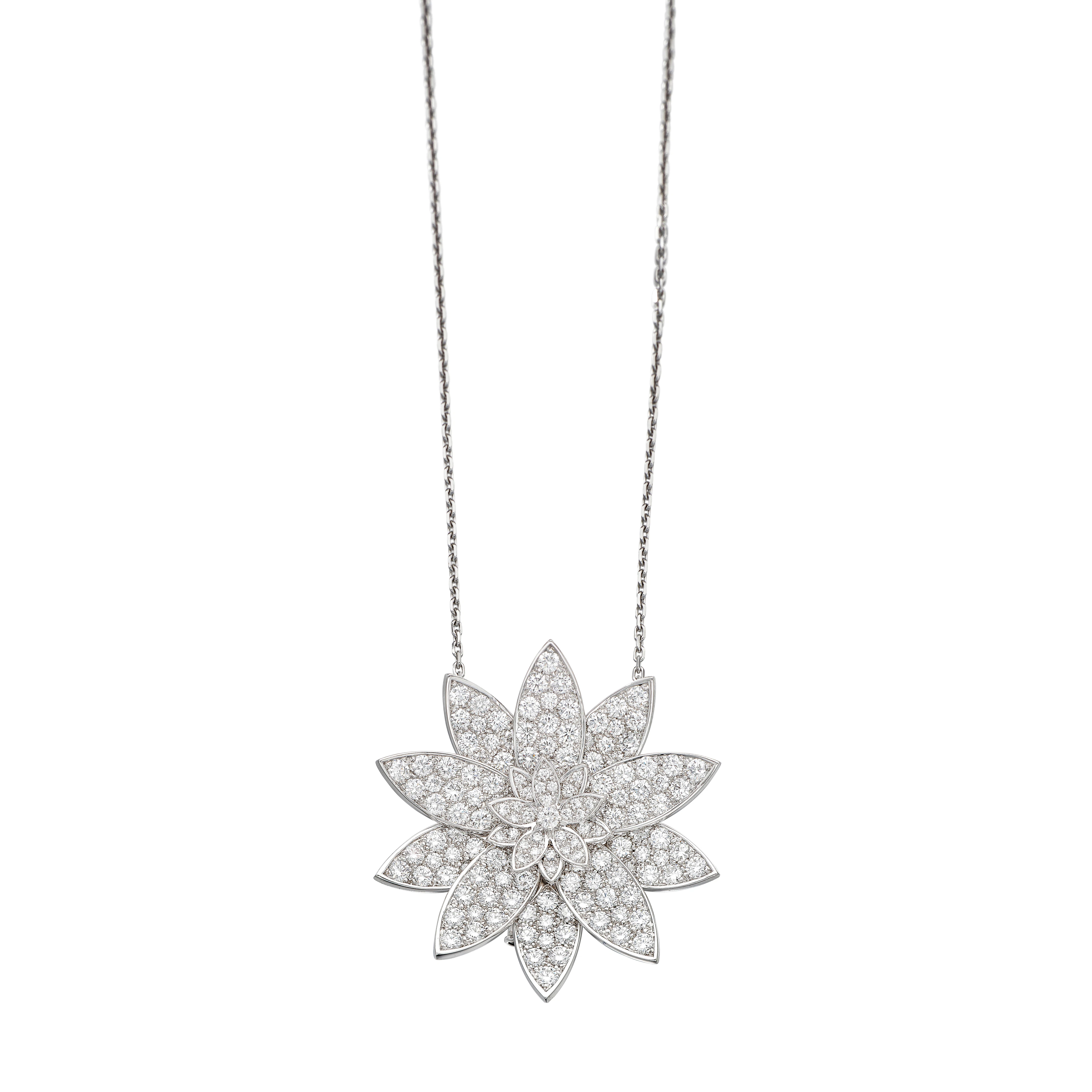 White Gold and Diamond Lotus Convertible Brooch Pendant Necklace