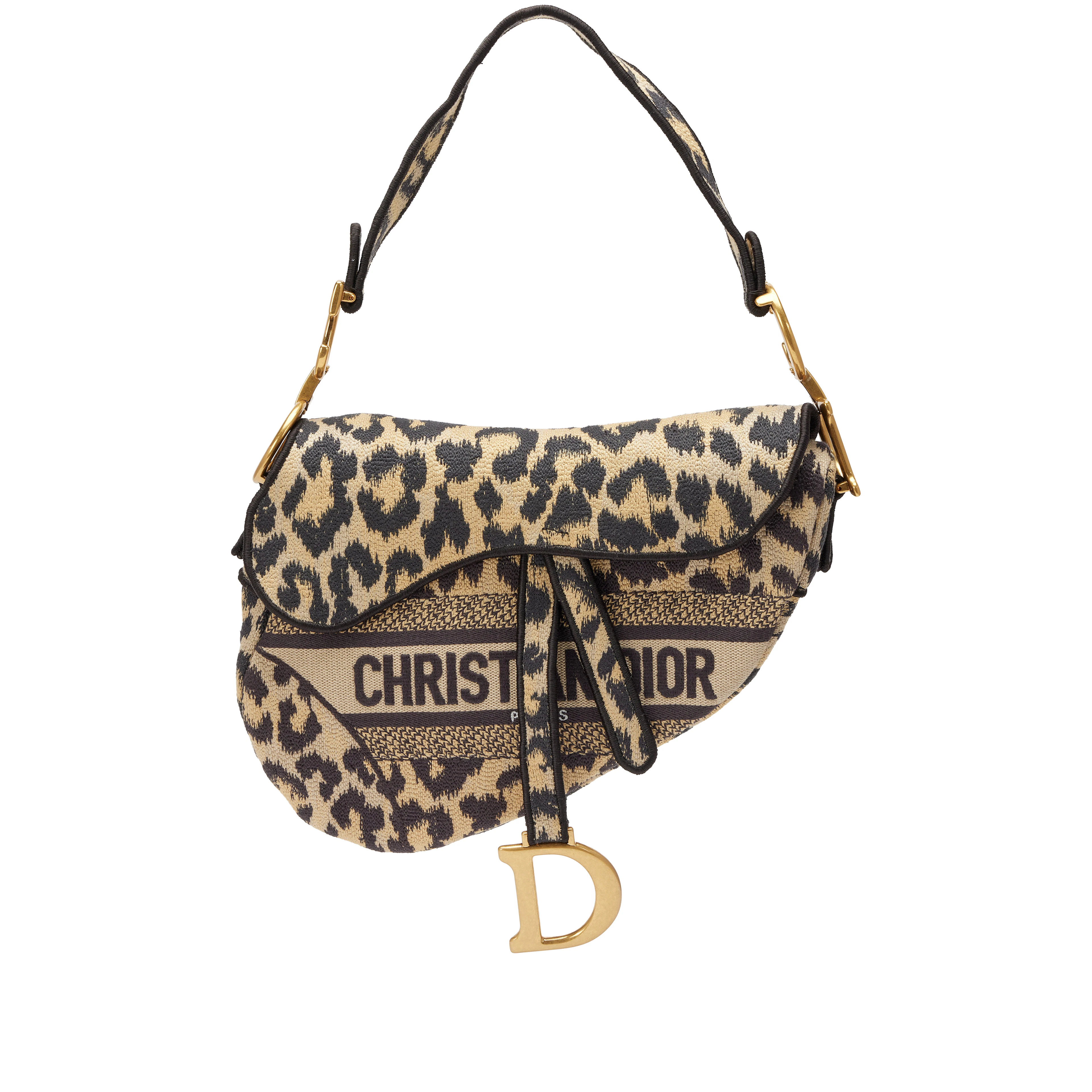 Beige Multicolor Leopard Canvas Mizza Embroidered Saddle Bag Gold