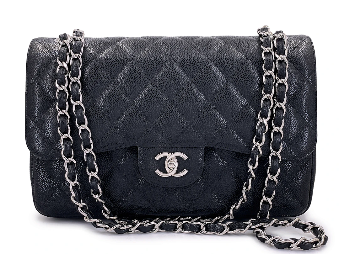 Black Quilted Caviar Jumbo Classic Double Flap Bag Silver Hardware, 2011