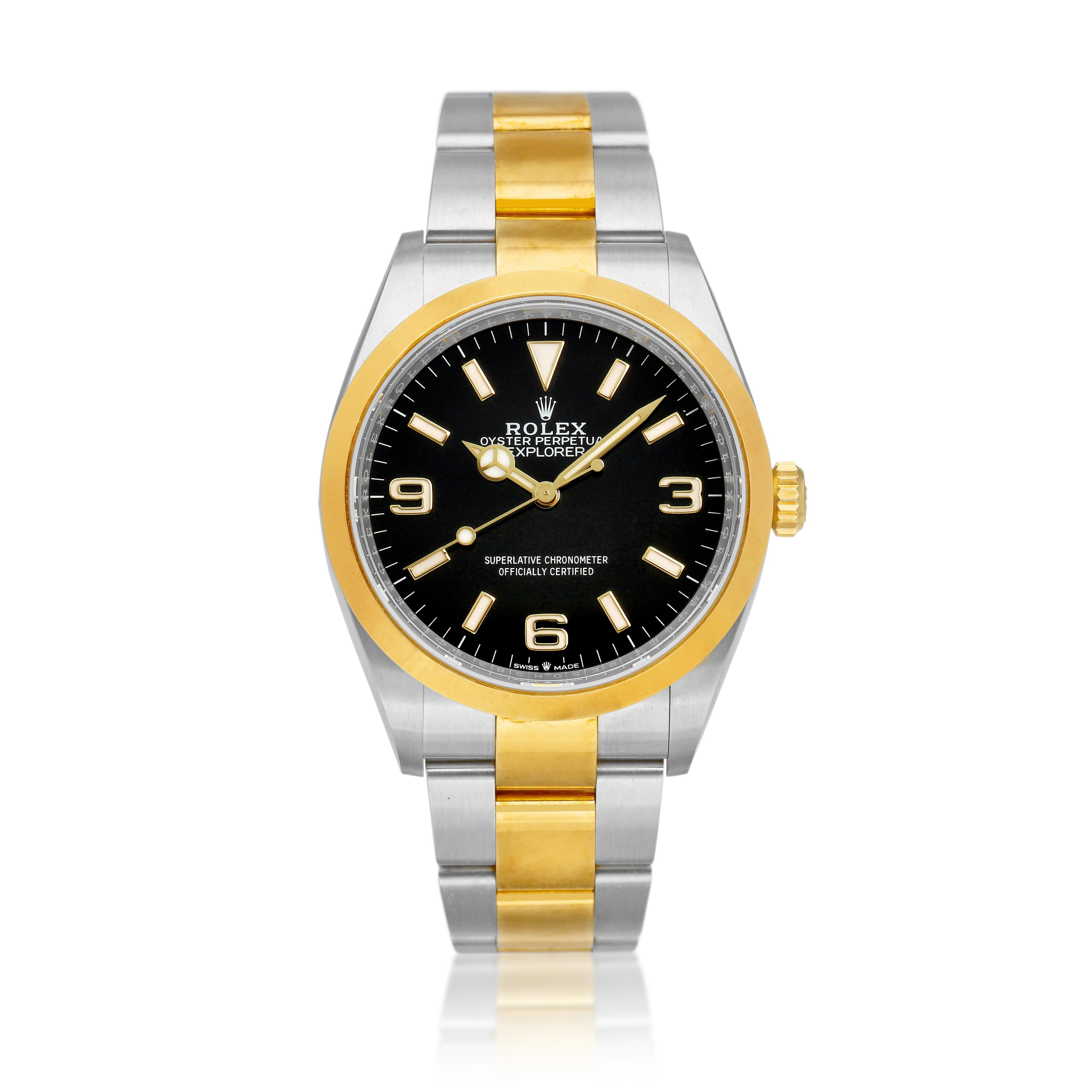 Explorer I (Reference 124273). A 36mm stainless steel yellow gold