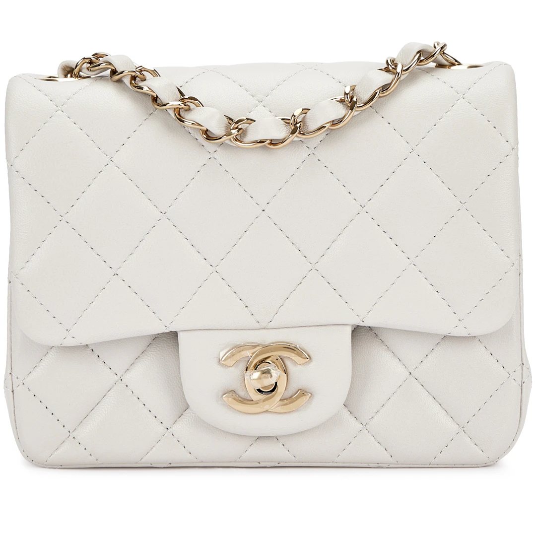 Pearl Grey Quilted Lambskin Mini Square Flap Bag Pale Gold Hardware