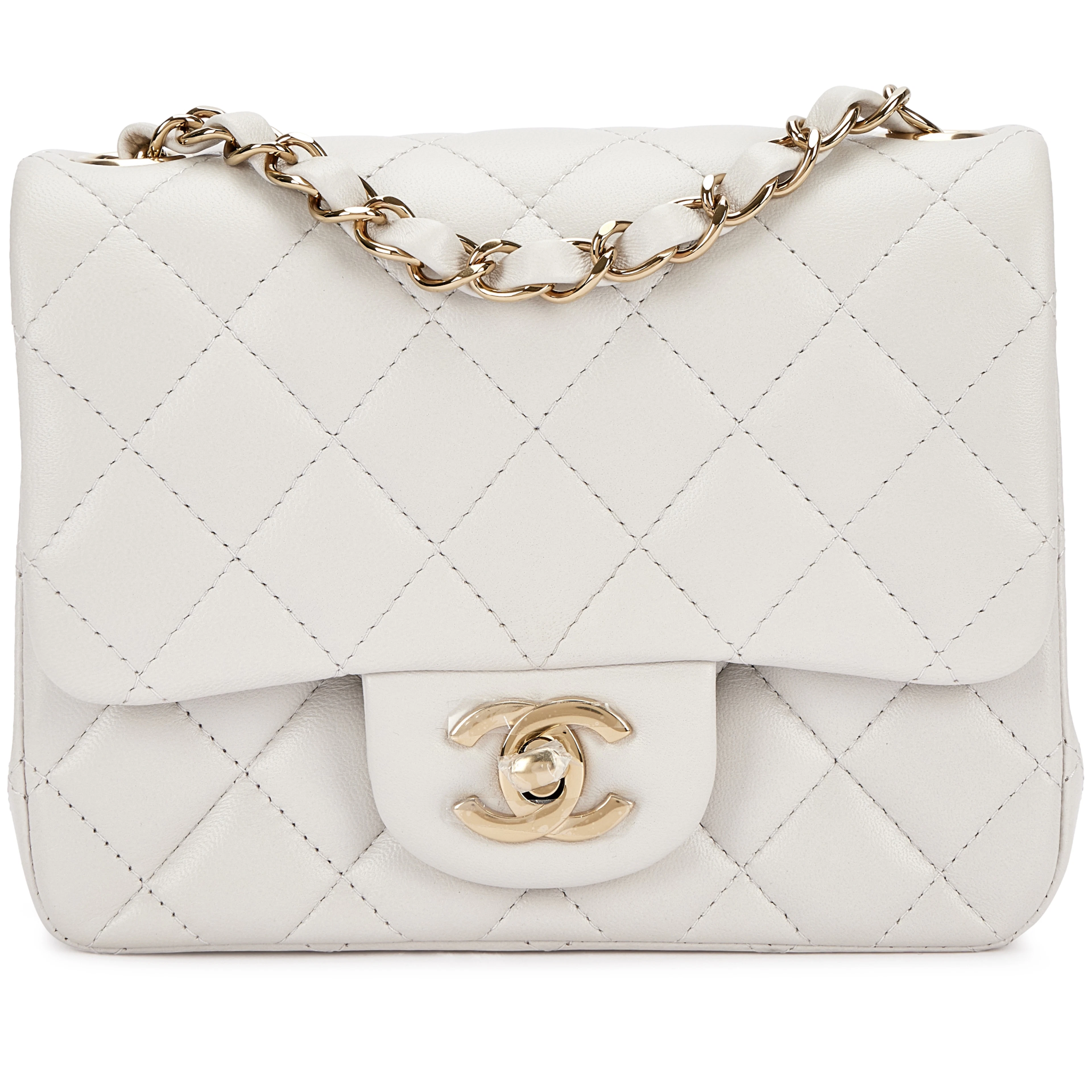 Pearl Grey Quilted Lambskin Mini Square Flap Bag Pale Gold Hardware