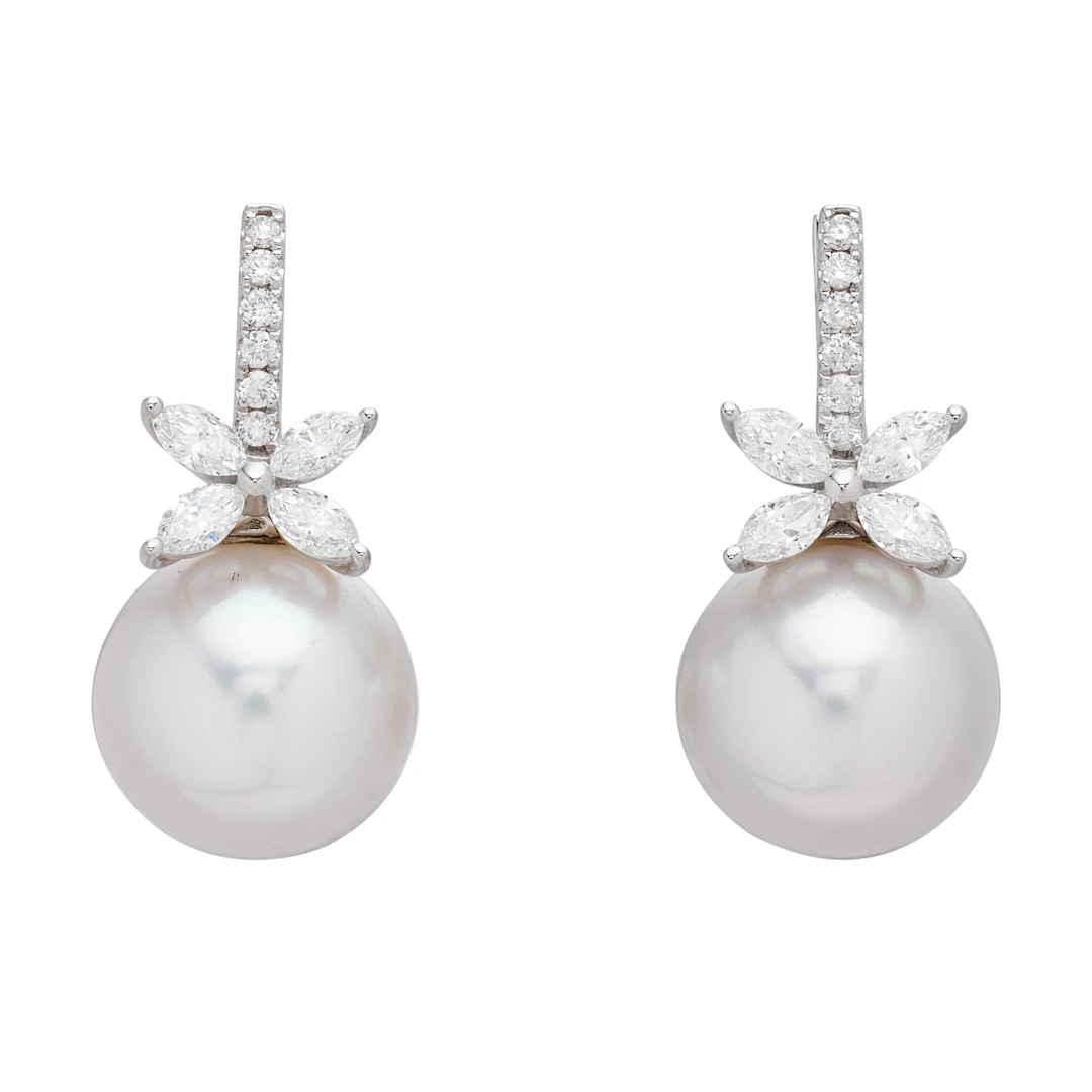 White Gold, Cultured Pearl and Diamond Drop Earrings