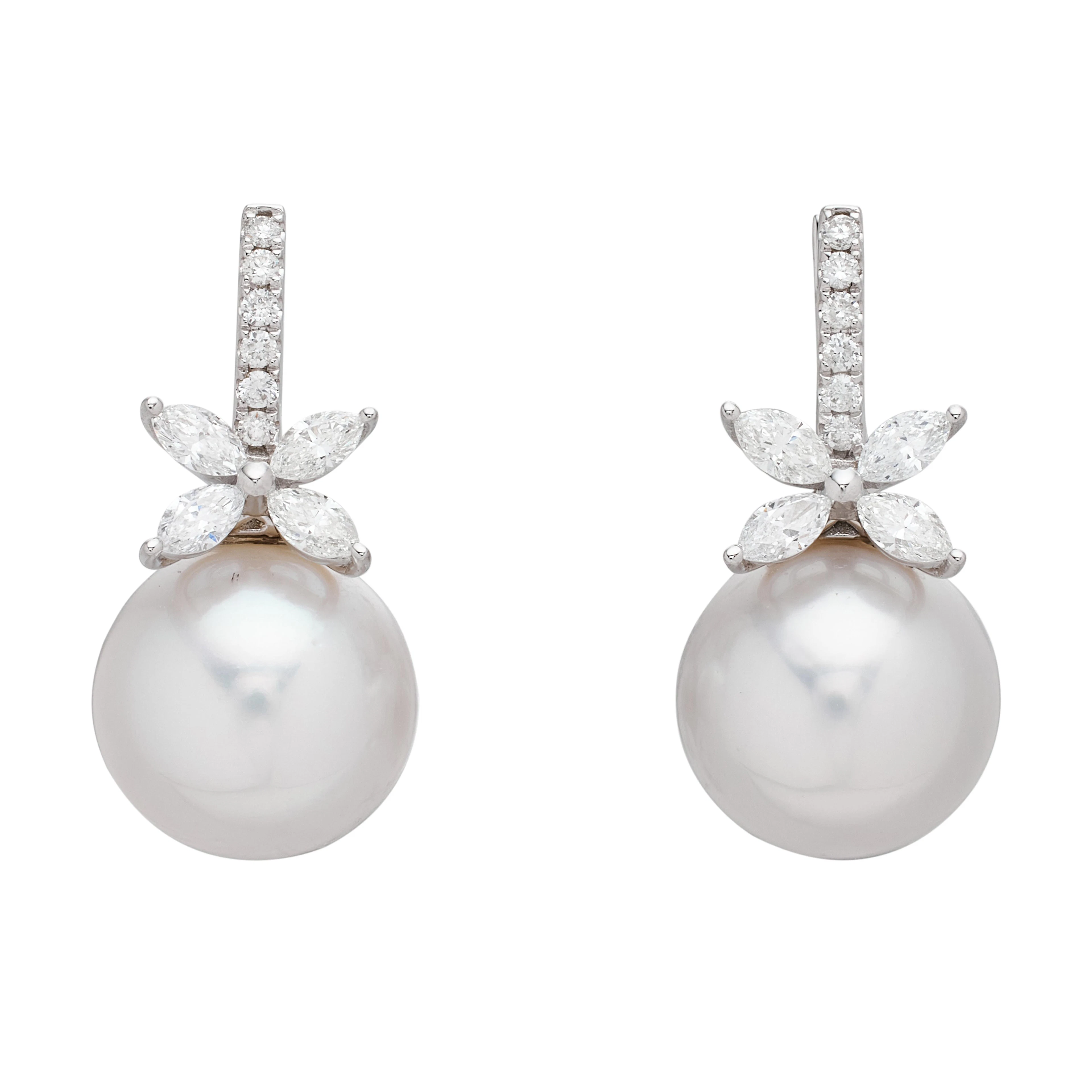 White Gold, Cultured Pearl and Diamond Drop Earrings