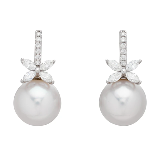 White Gold, Cultured Pearl and Diamond Drop Earrings