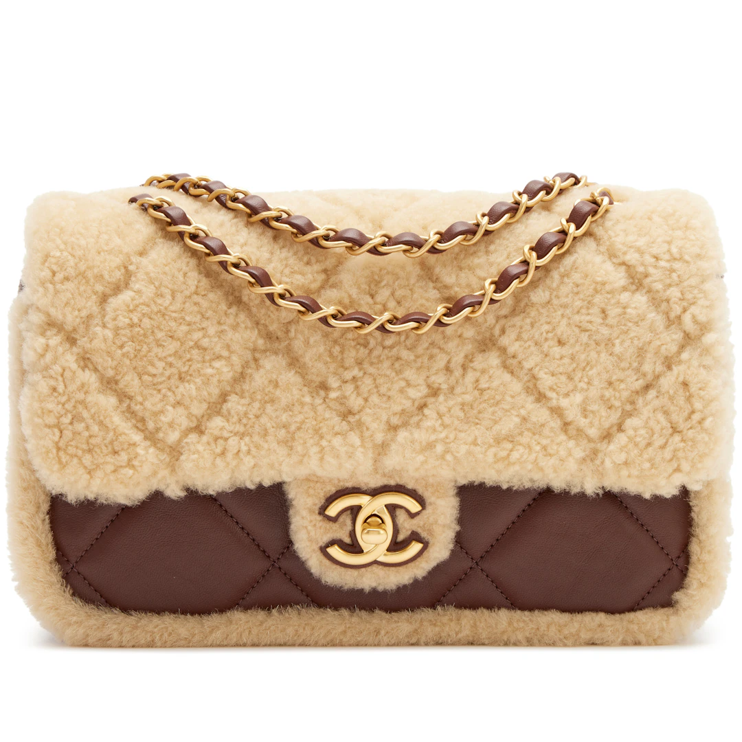 Beige Quilted Teddy Shearling and Dark Brown Quilted Lambskin Medium