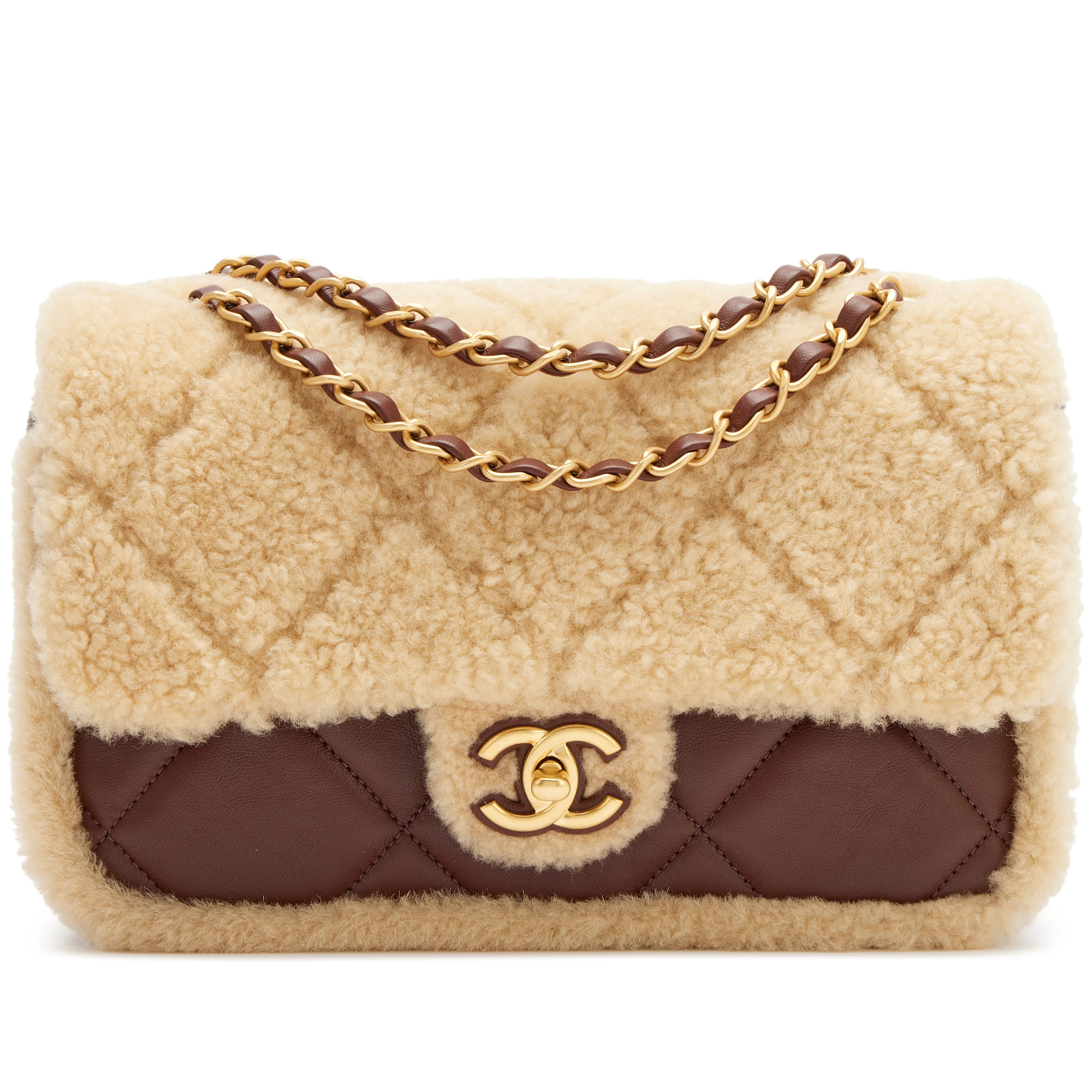 Beige Quilted Teddy Shearling and Dark Brown Quilted Lambskin Medium