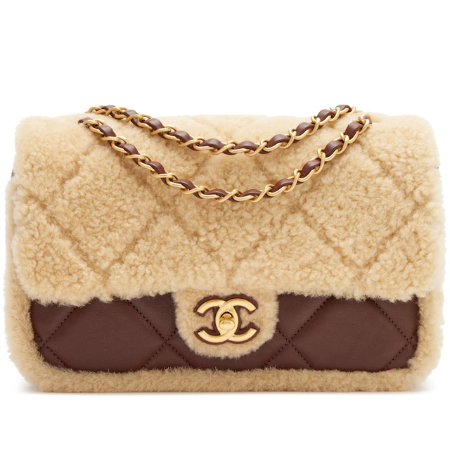 Beige Quilted Teddy Shearling and Dark Brown Quilted Lambskin Medium