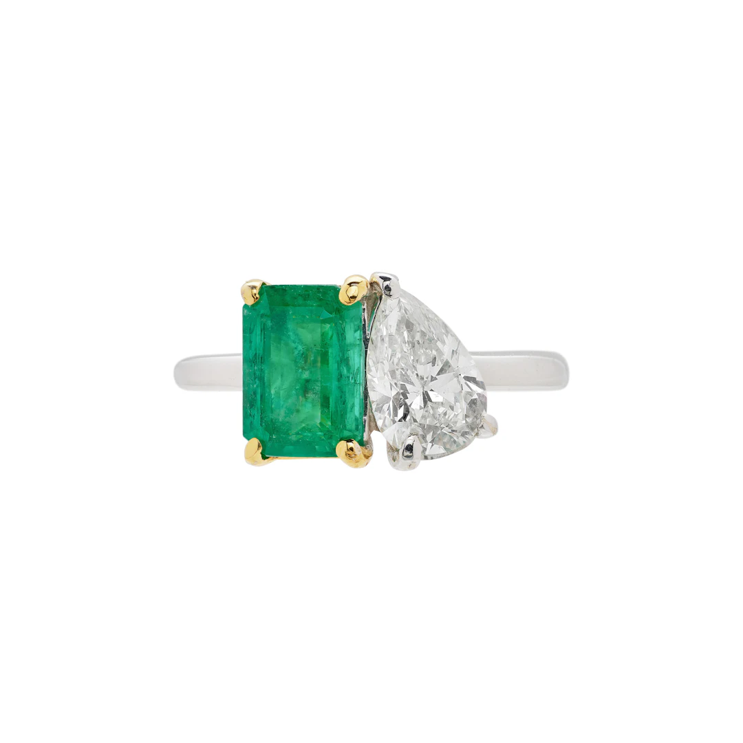 Gold, White Gold, Emerald and Diamond Toi et Moi Ring