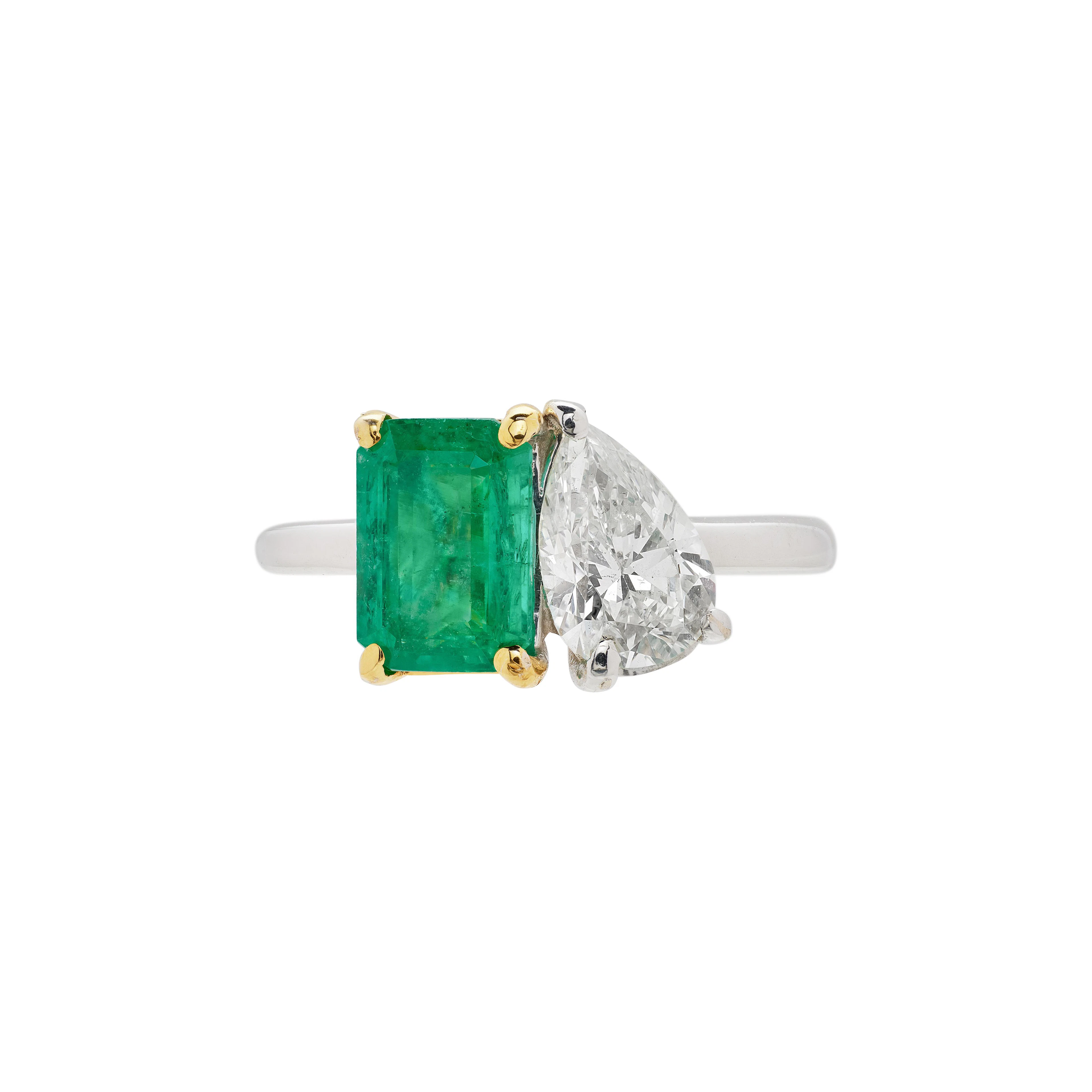 Gold, White Gold, Emerald and Diamond Toi et Moi Ring