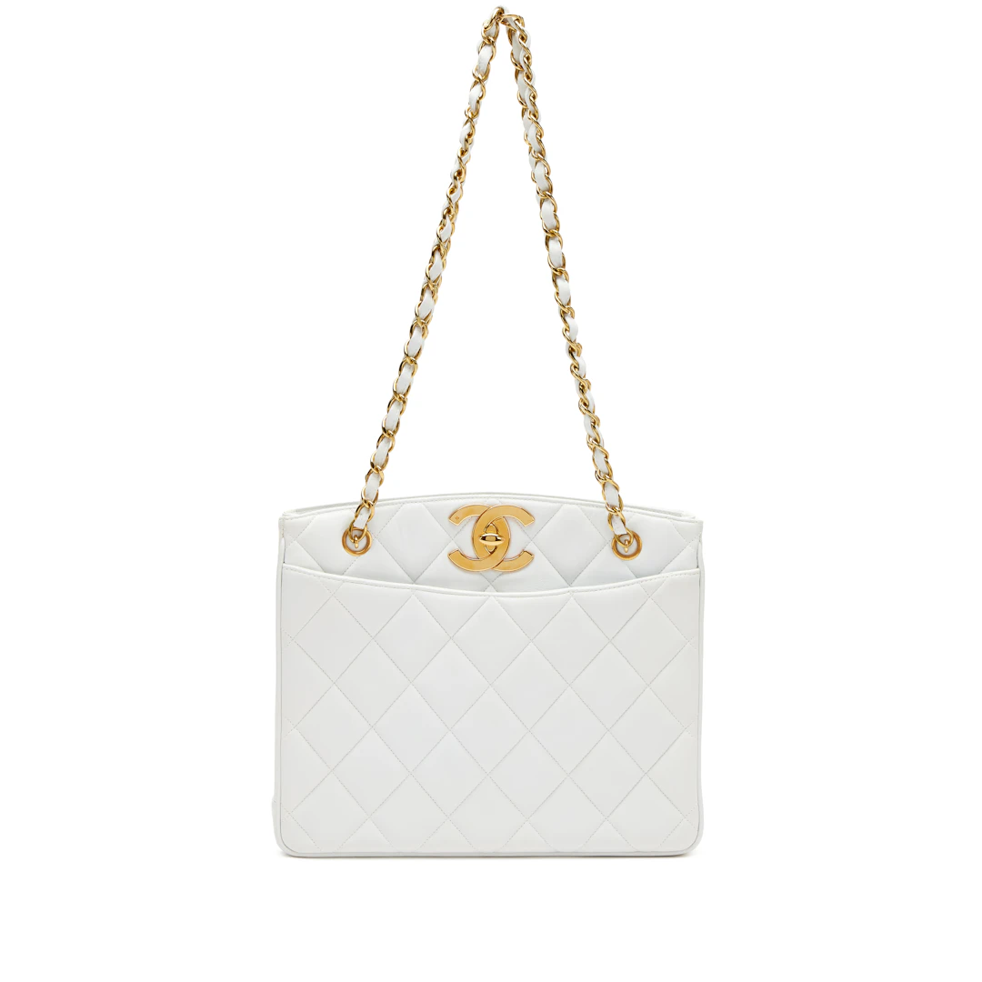 Vintage White Quilted Lambskin CC Turn Lock Open Top Shopper Tote