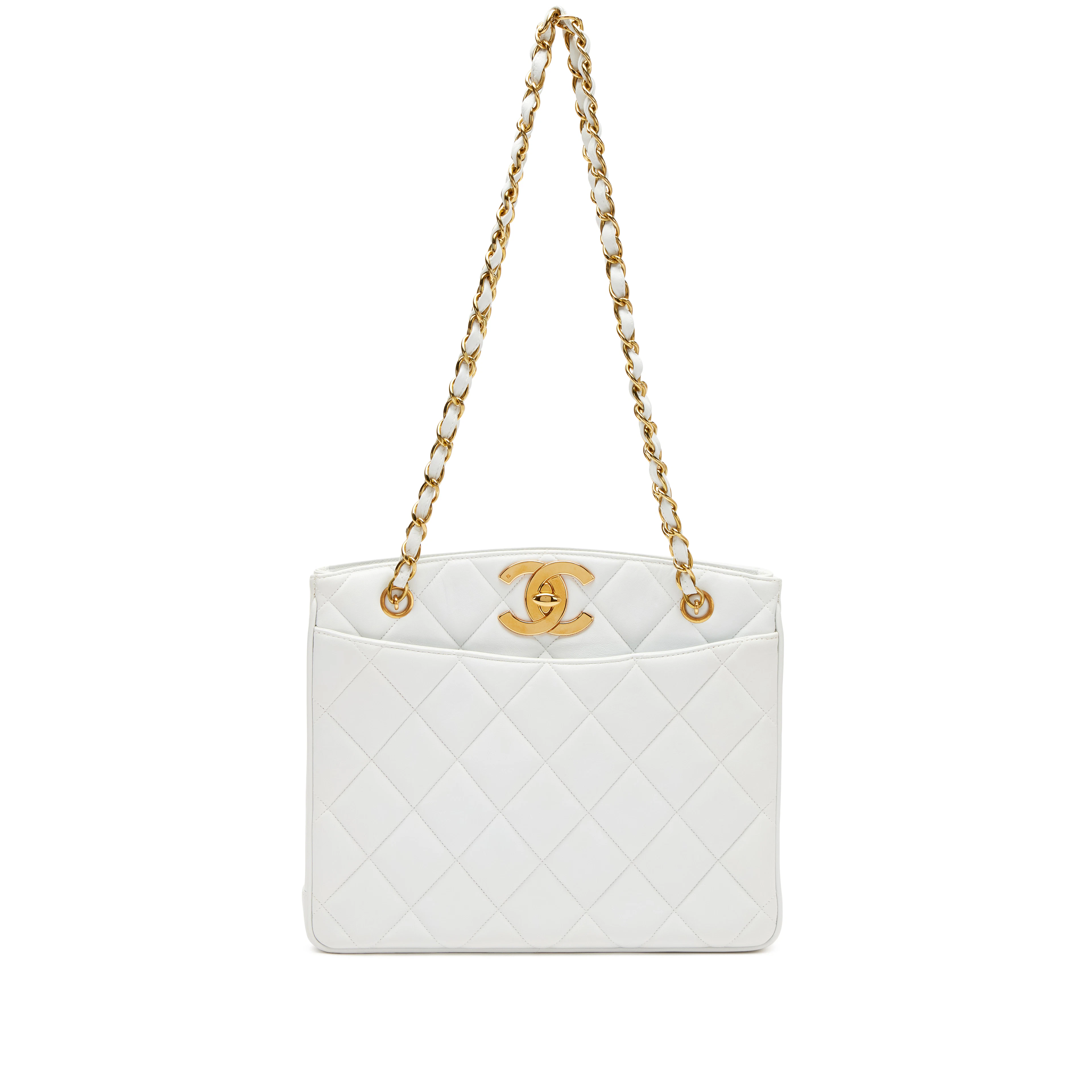 Vintage White Quilted Lambskin CC Turn Lock Open Top Shopper Tote
