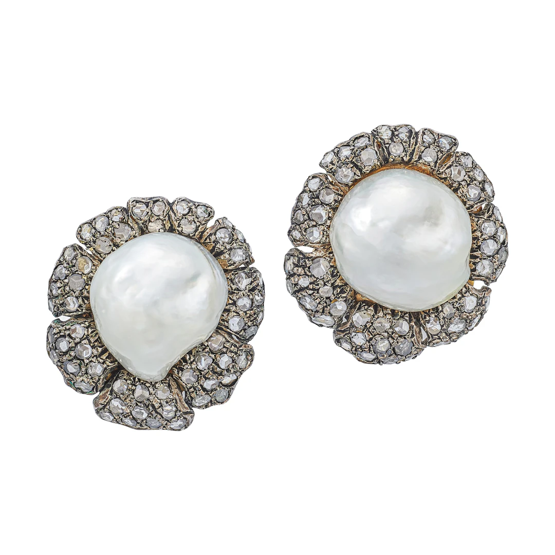 Gold, White Gold, Cultured Pearl and Diamond Earclips