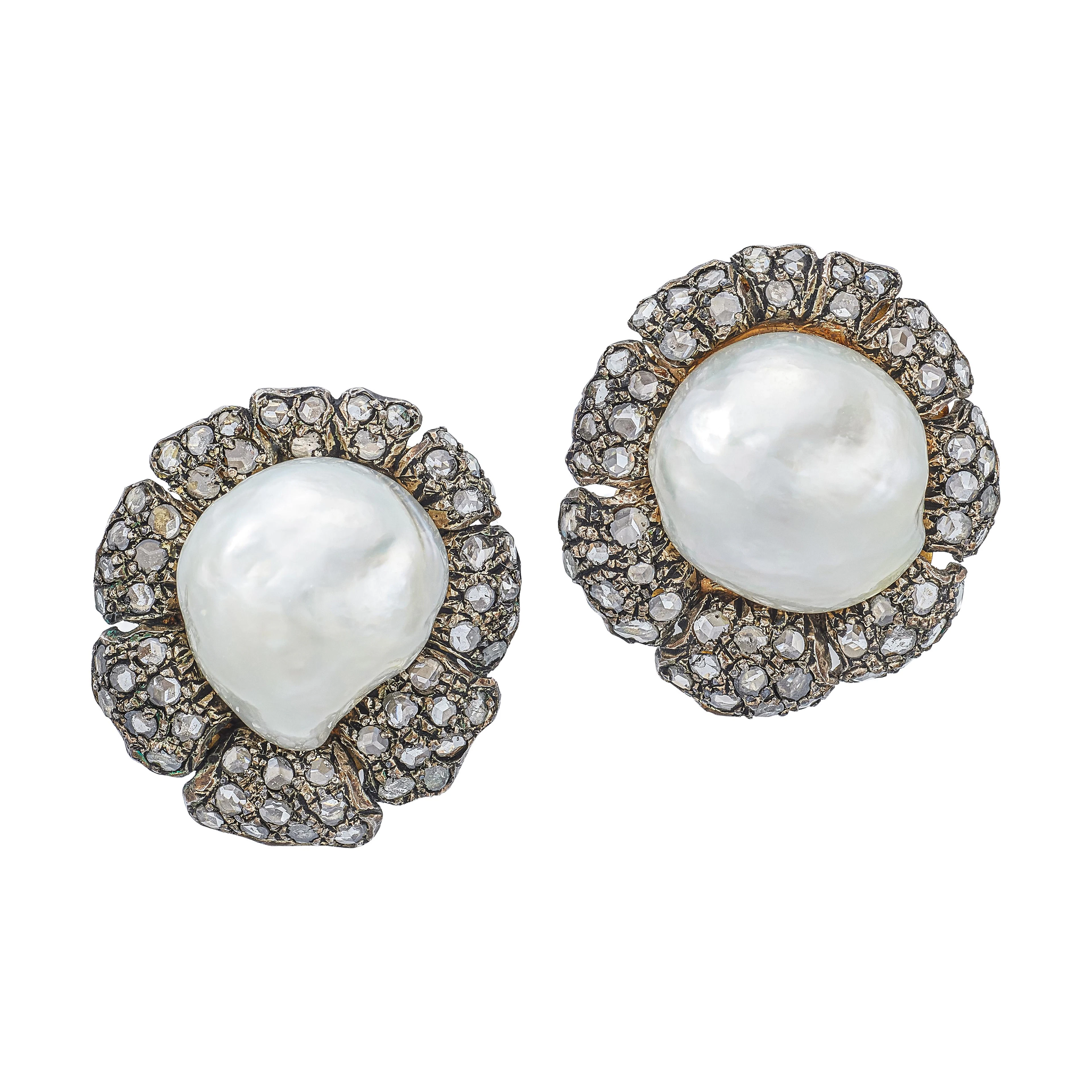 Gold, White Gold, Cultured Pearl and Diamond Earclips