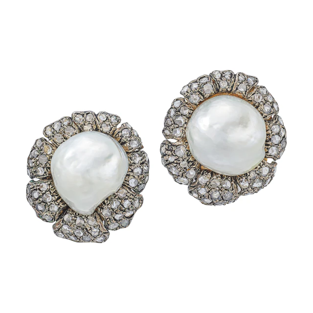 Gold, White Gold, Cultured Pearl and Diamond Earclips