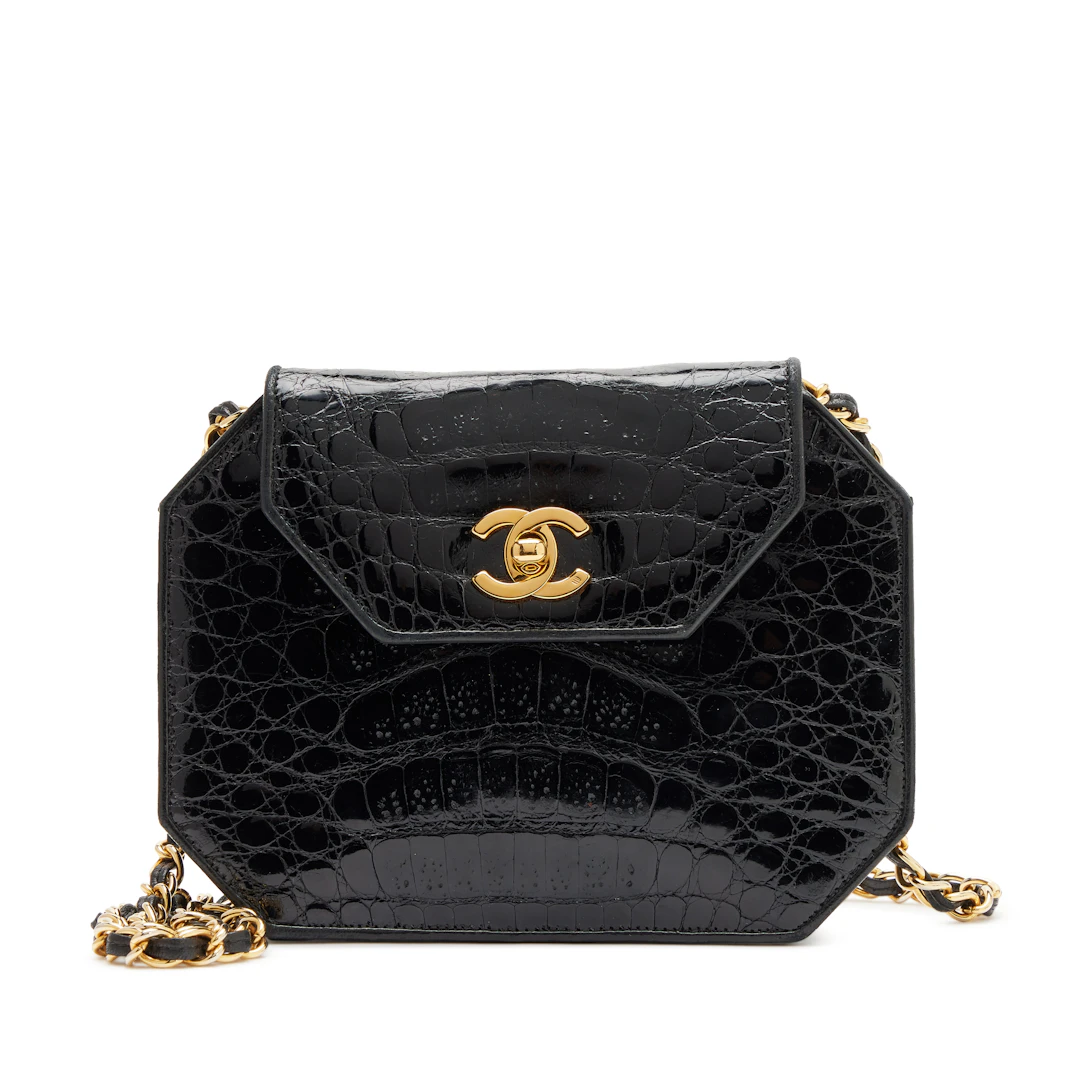 Vintage Black Crocodile Octagon Flap Bag Gold Hardware, 1989-1991