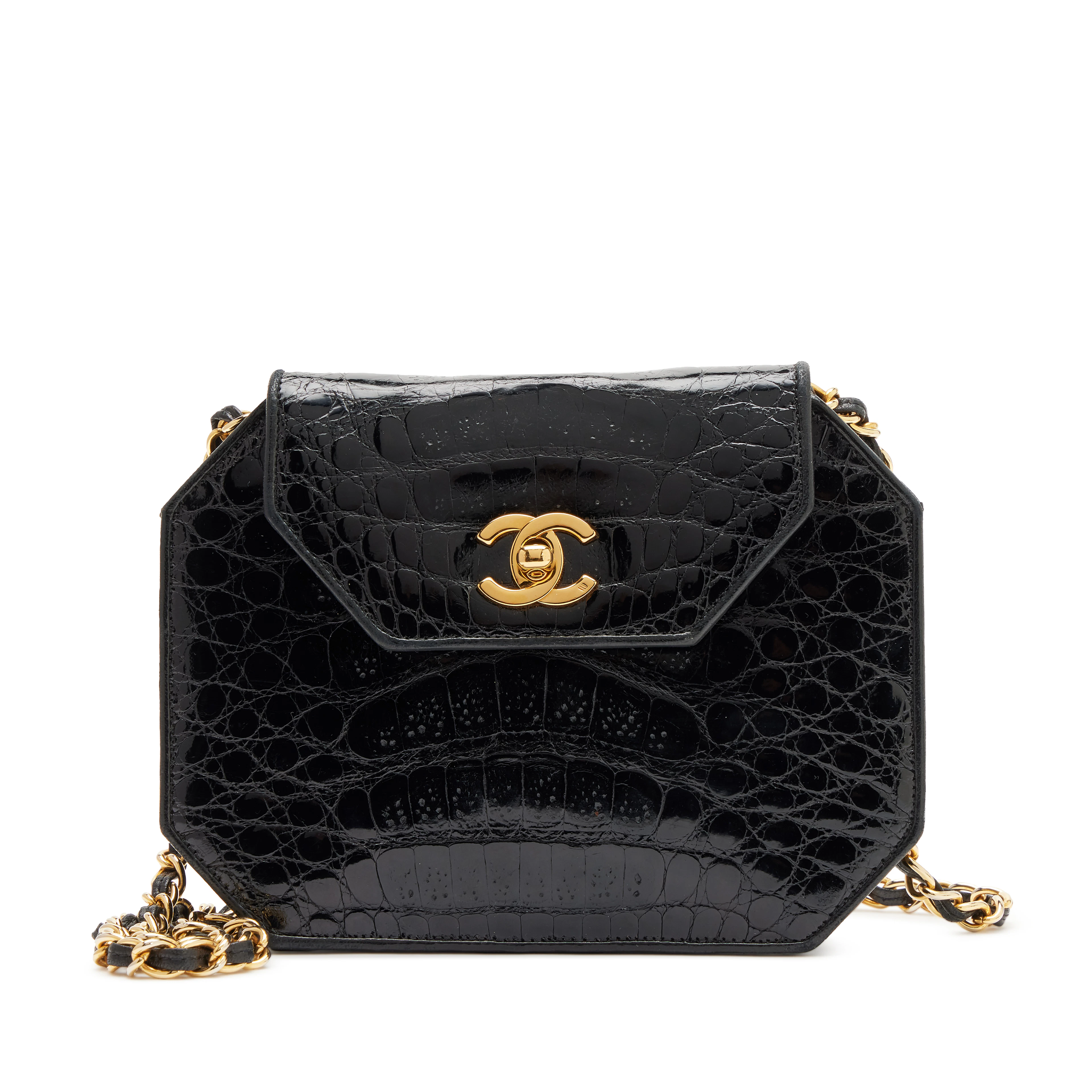 Vintage Black Crocodile Octagon Flap Bag Gold Hardware, 1989-1991