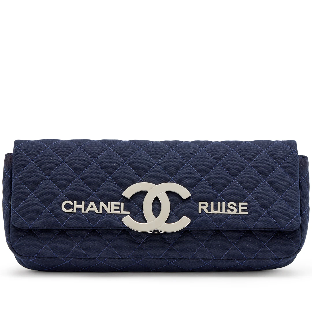 Navy Blue Quilted Canvas CC Cruise East West Flap Clutch Silver Hardware, 2009