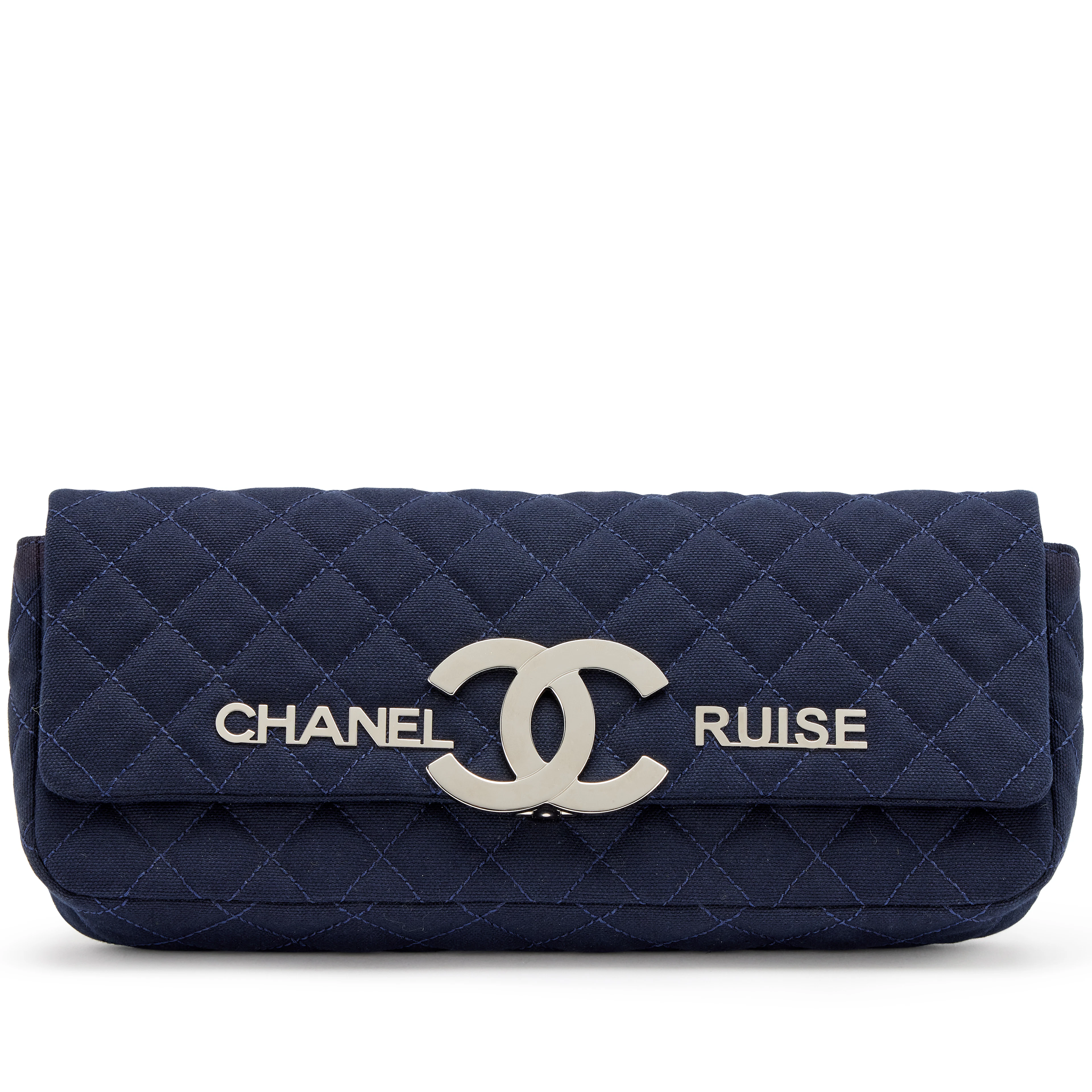 Navy Blue Quilted Canvas CC Cruise East West Flap Clutch Silver Hardware, 2009