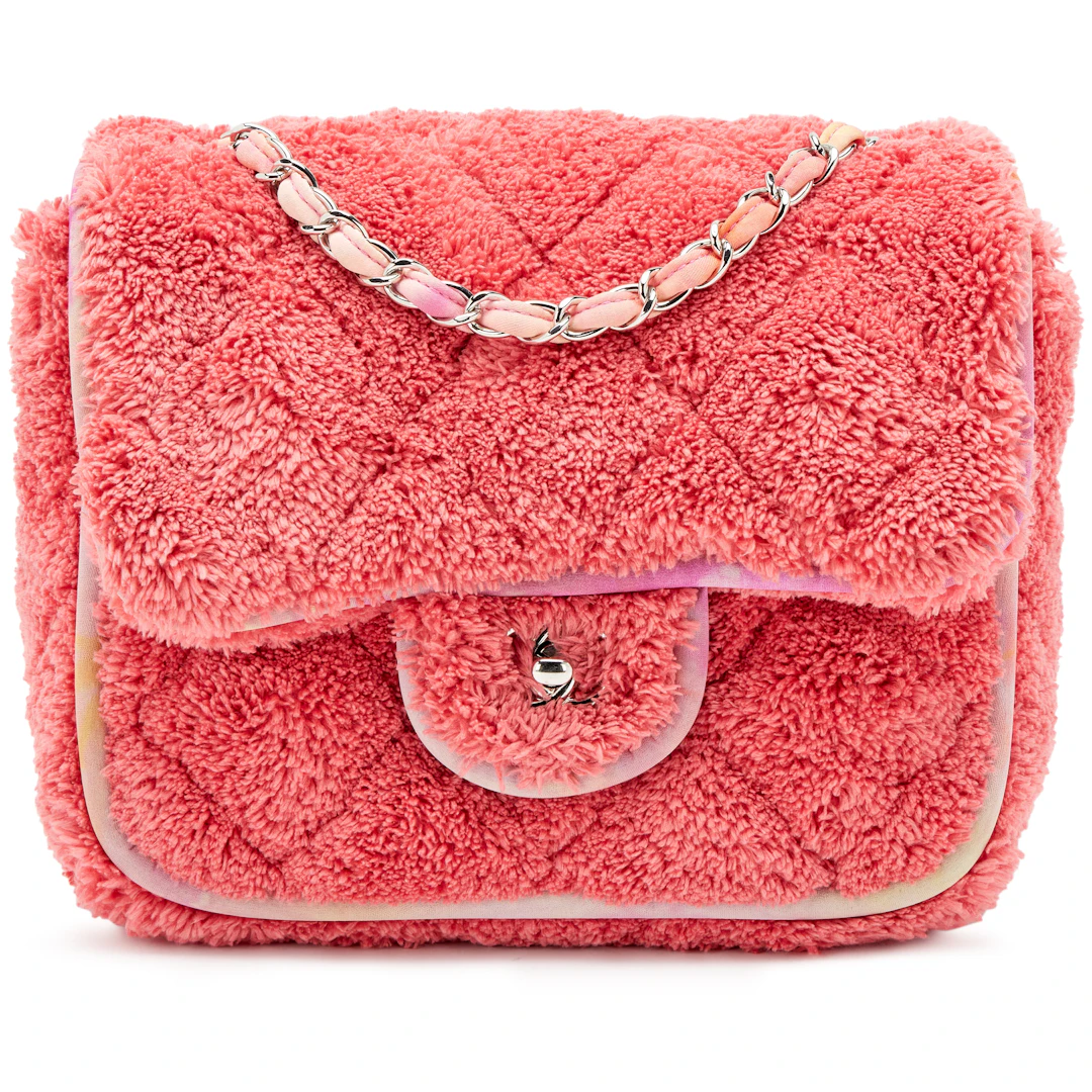 Pink Quilted Terry Cloth Mixed Fibers Single Small Flap Bag Silver