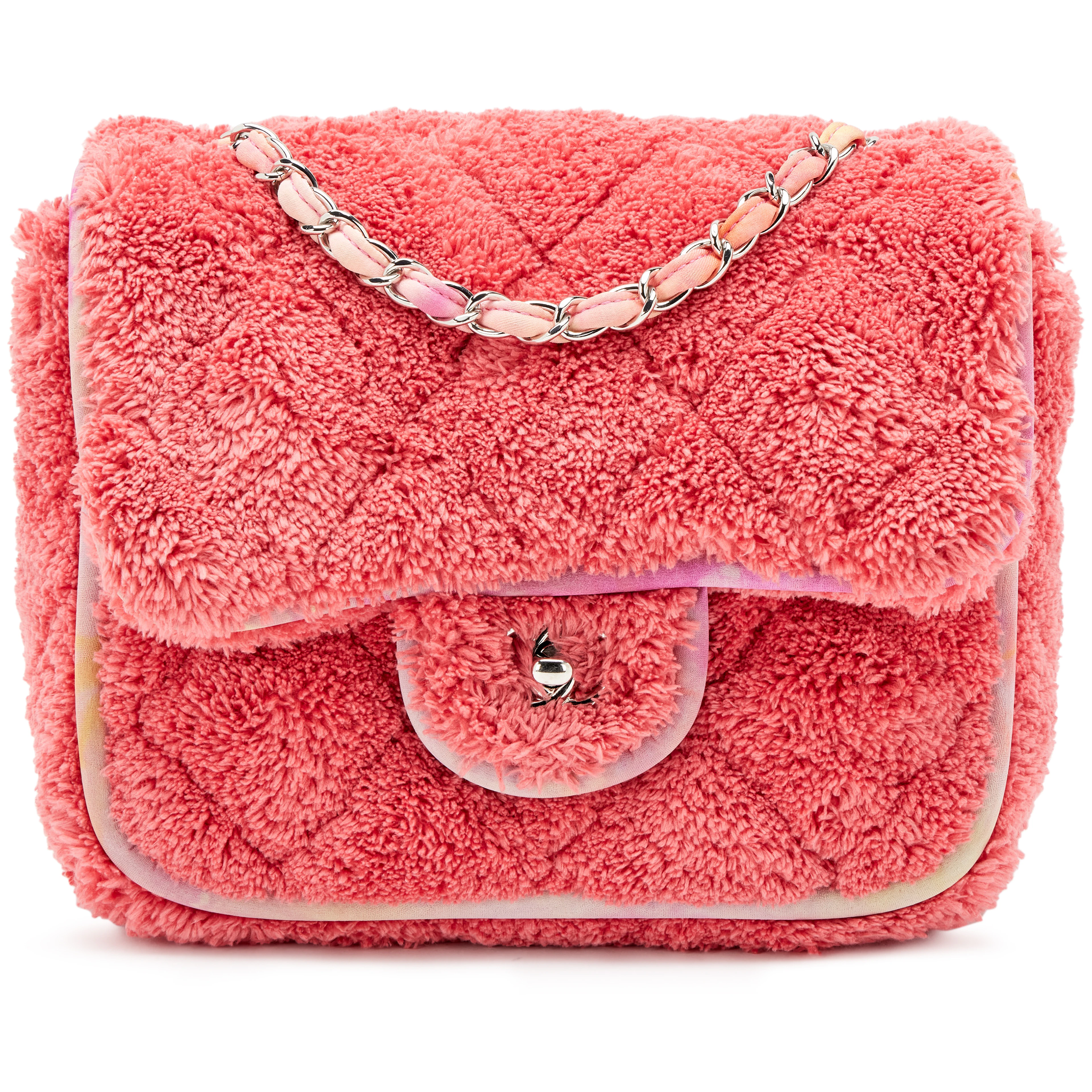 Pink Quilted Terry Cloth Mixed Fibers Single Small Flap Bag Silver