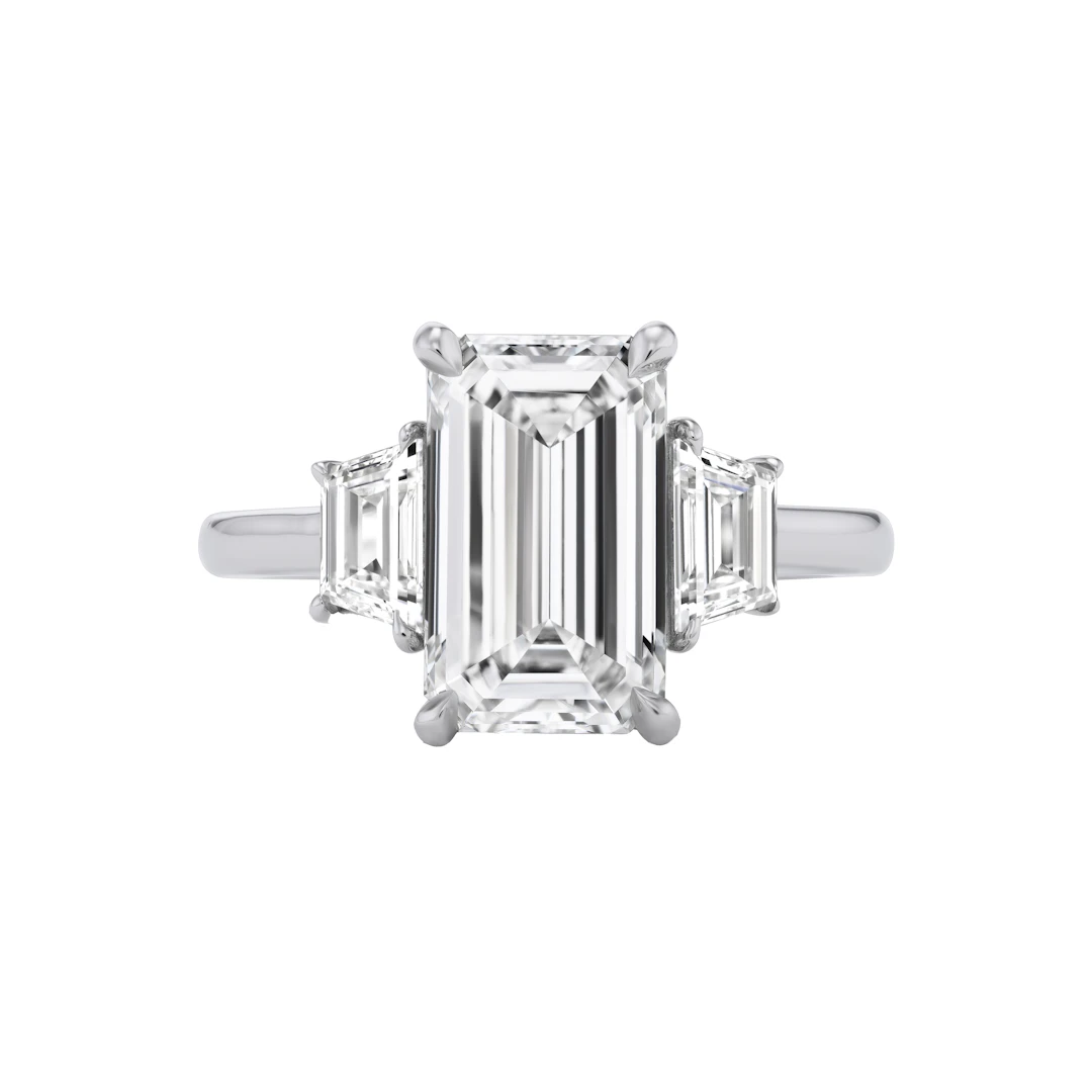 Platinum, 3.01ct Emerald Cut Diamond and Diamond Engagement Ring