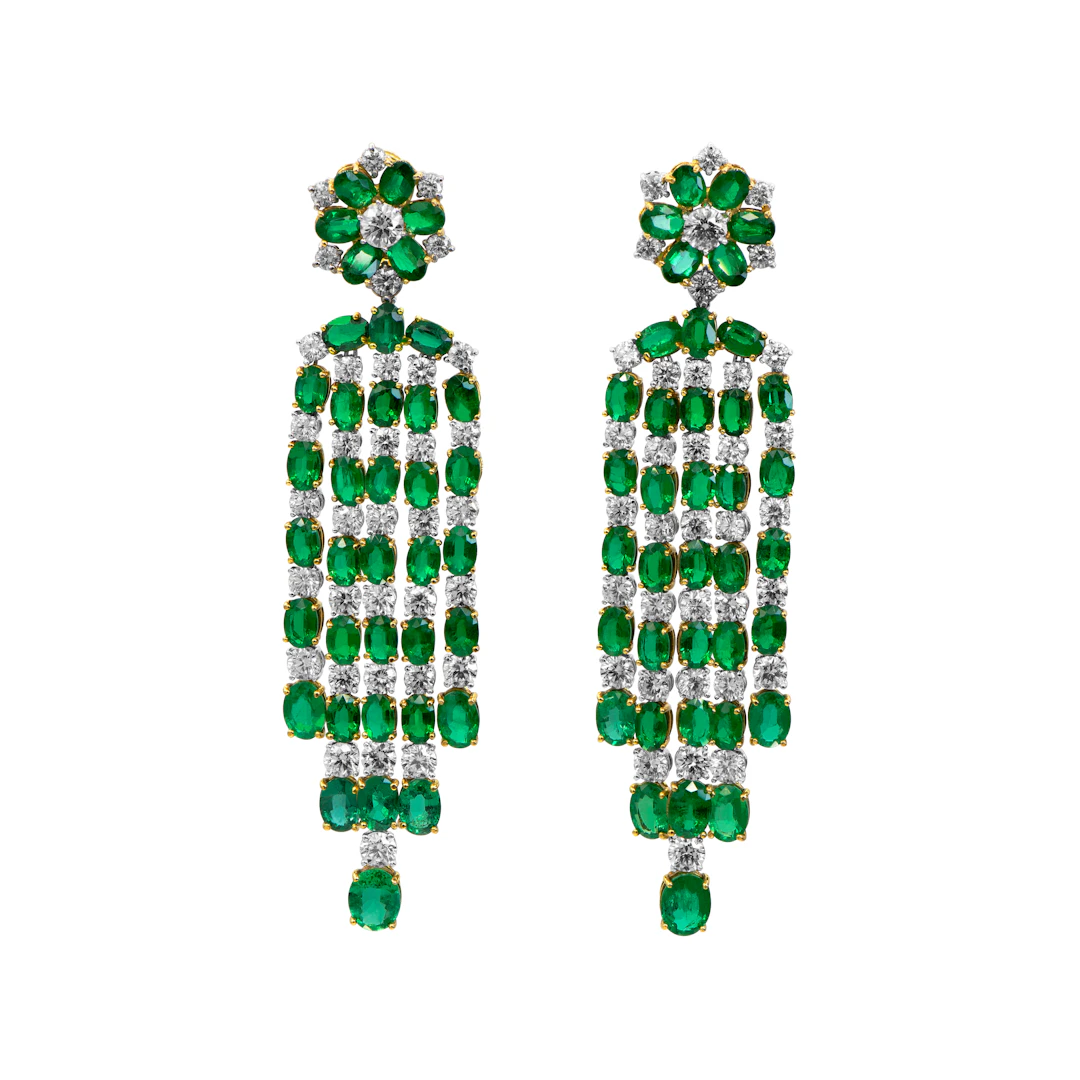 Gold, Emerald and Diamond Cascading Earclips