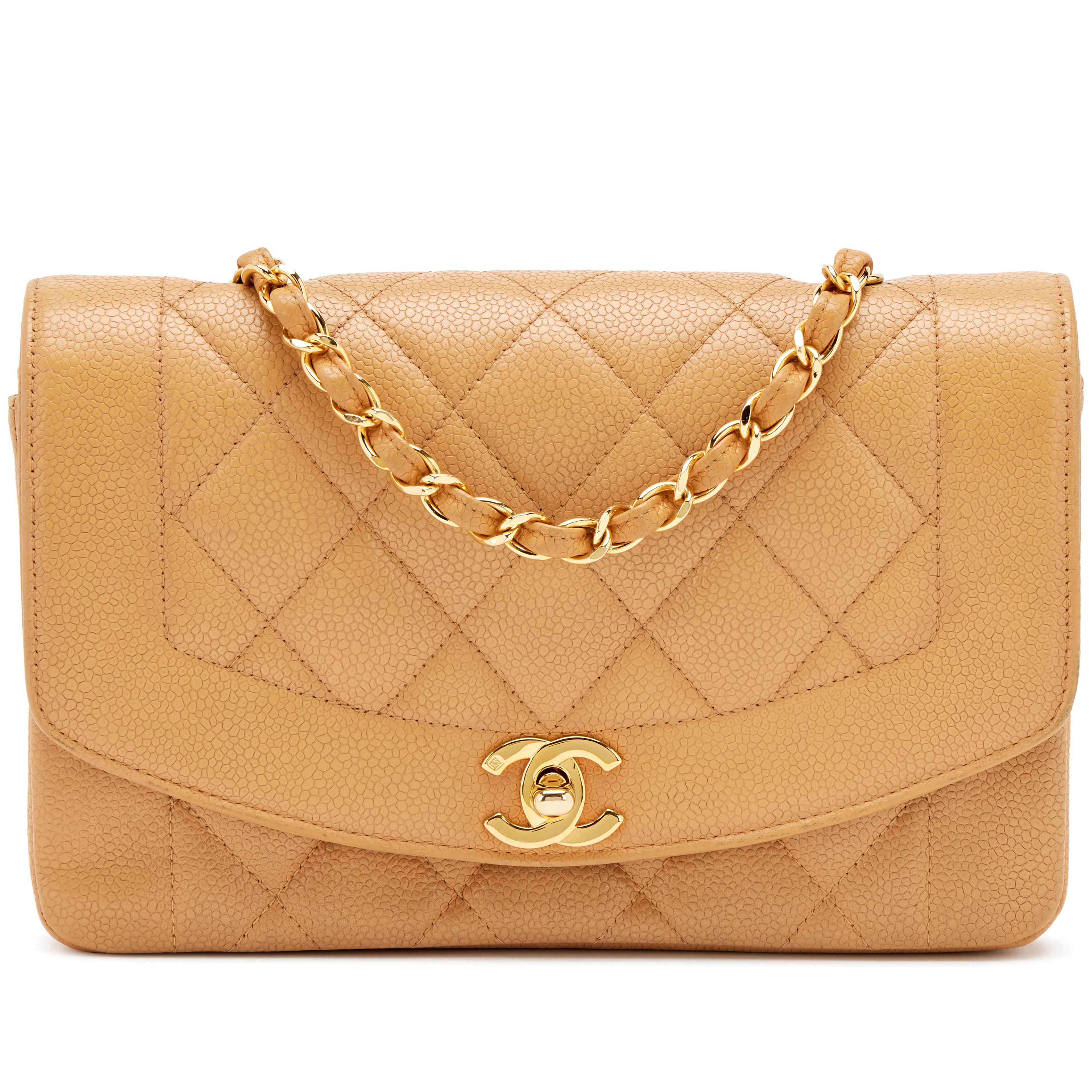 Vintage Camel Beige Quilted Caviar Small Diana Flap Bag Gold Hardware