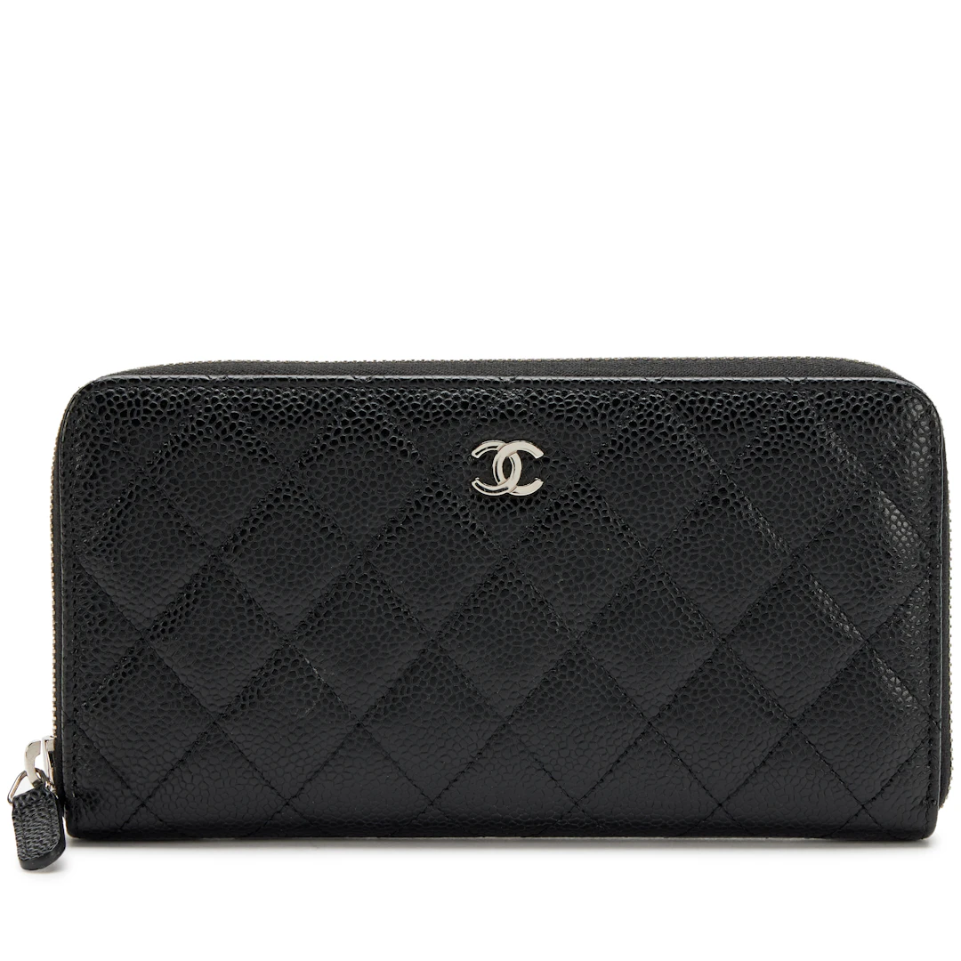 Black Quilted Caviar Classic Long Zip Around Wallet Silver Hardware, 2014