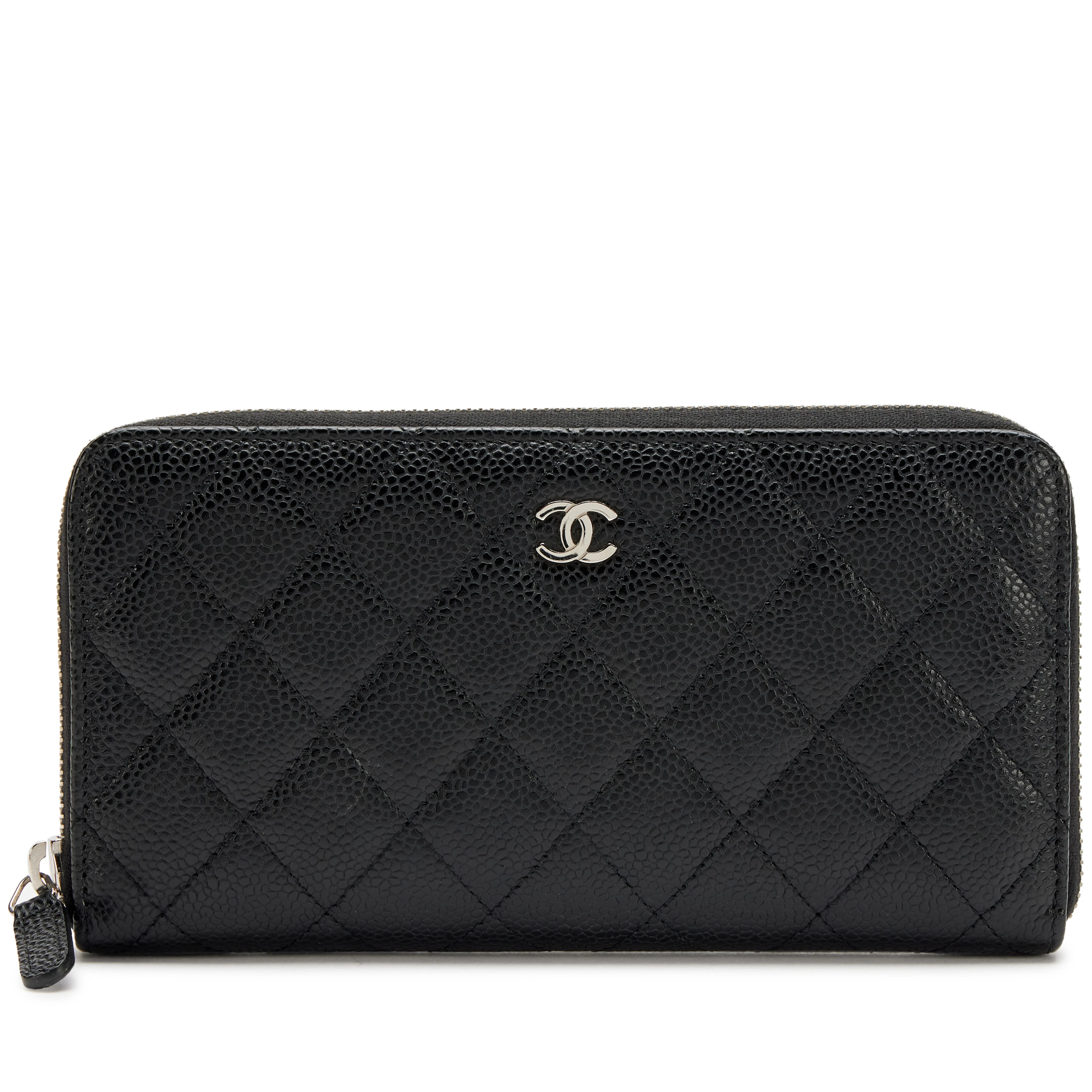 Black Quilted Caviar Classic Long Zip Around Wallet Silver Hardware, 2014