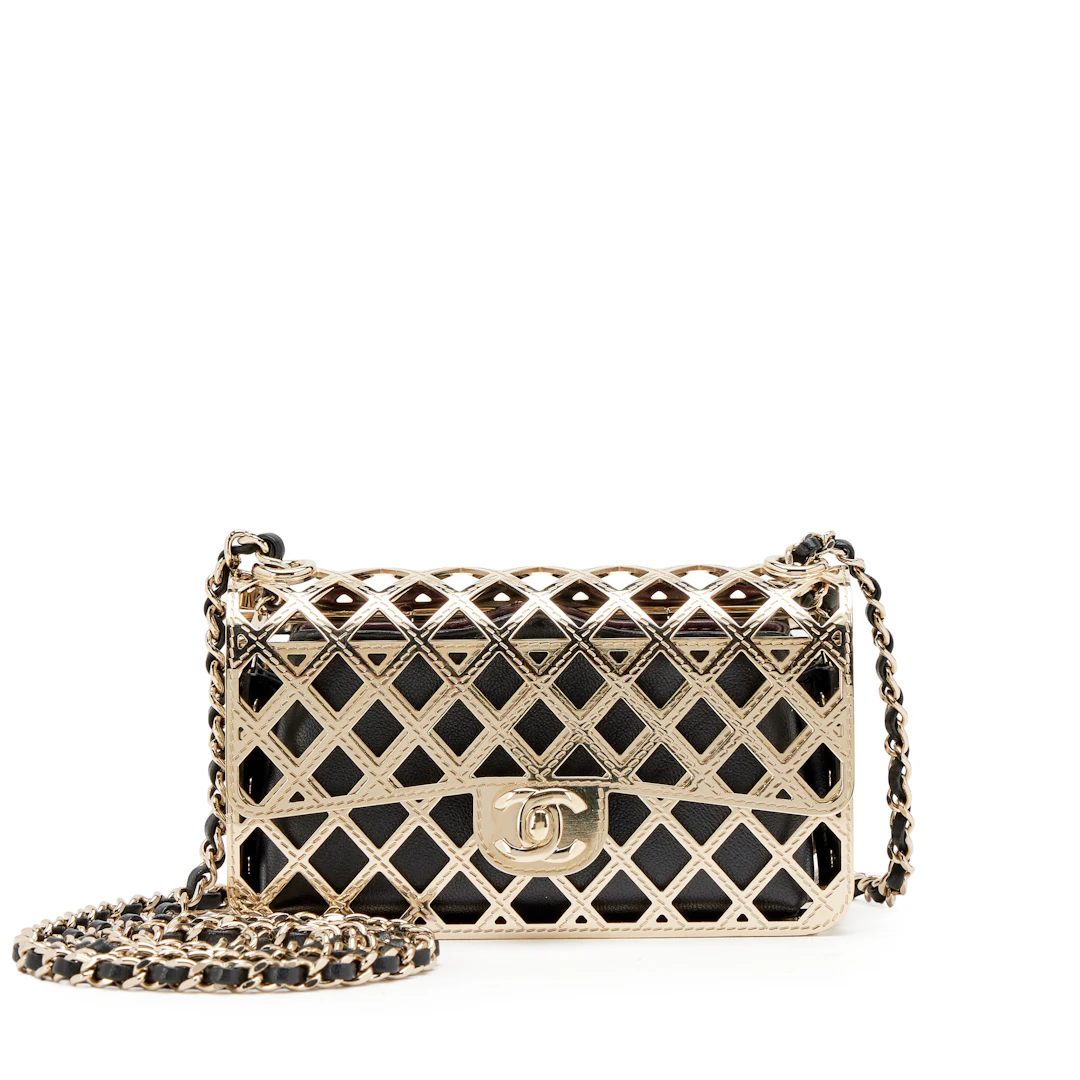 Gold Quilted Metal Mini Cage Classic Flap Bag with Pouch Gold Hardware, 2021