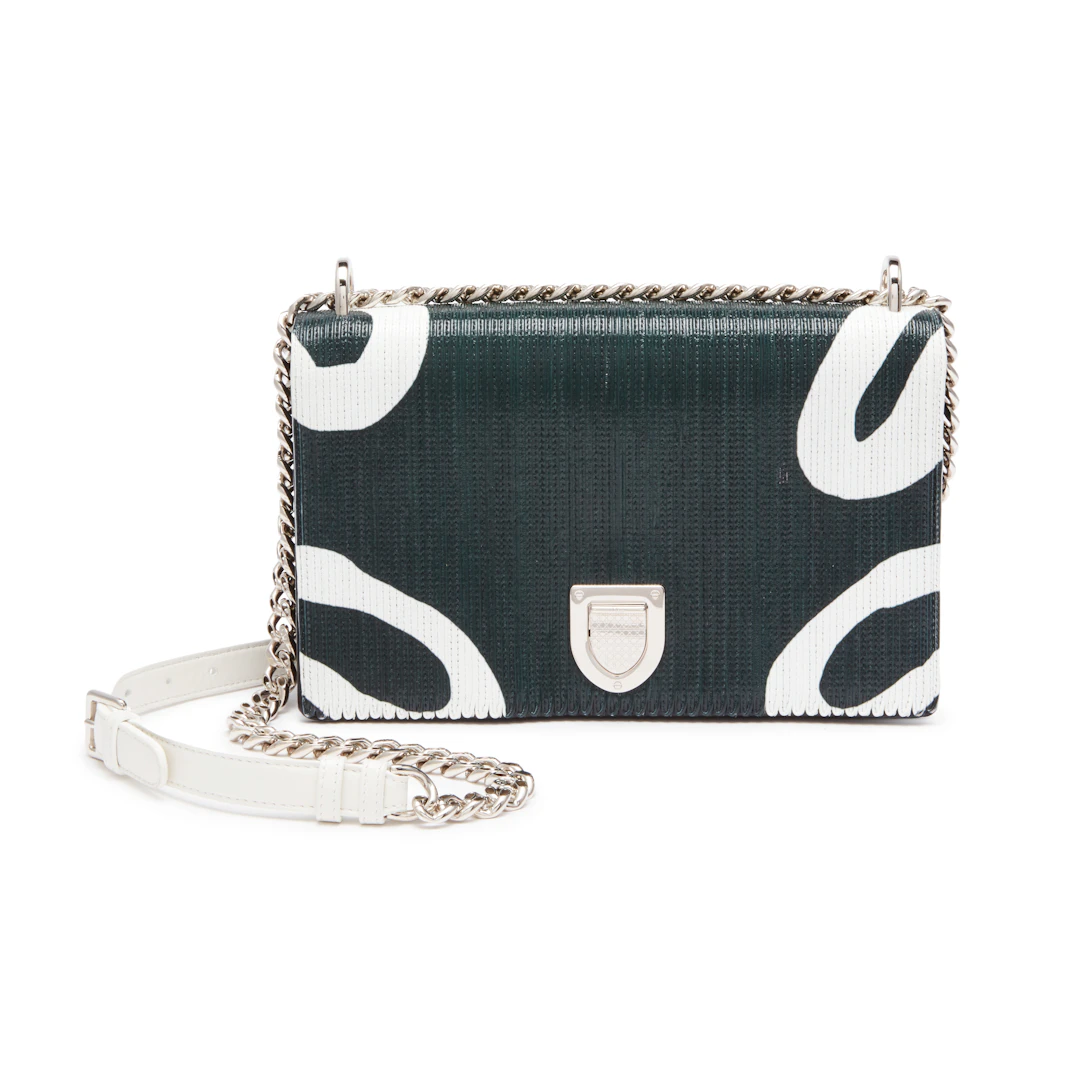 Green and White Leather Patchwork Diorama Medium Flap Bag Silver Tone