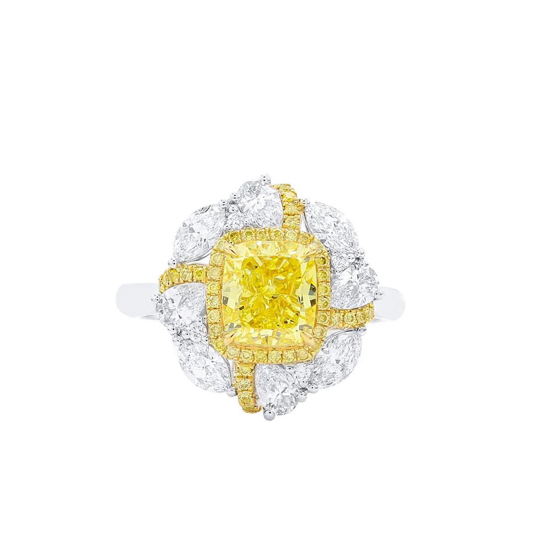 White Gold, Gold, 2.03ct Cushion Cut Fancy Vivid Yellow Diamond and
