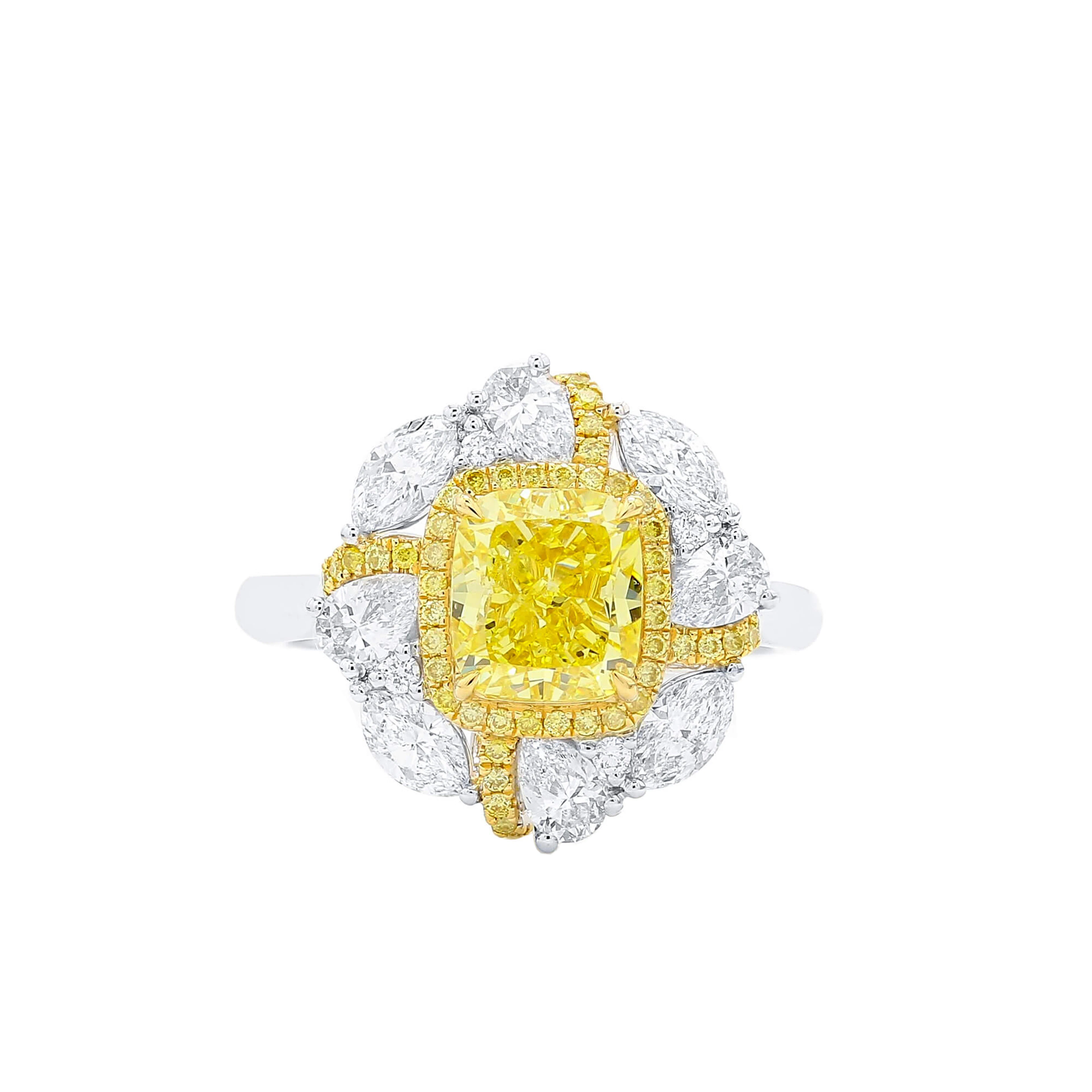White Gold, Gold, 2.03ct Cushion Cut Fancy Vivid Yellow Diamond and