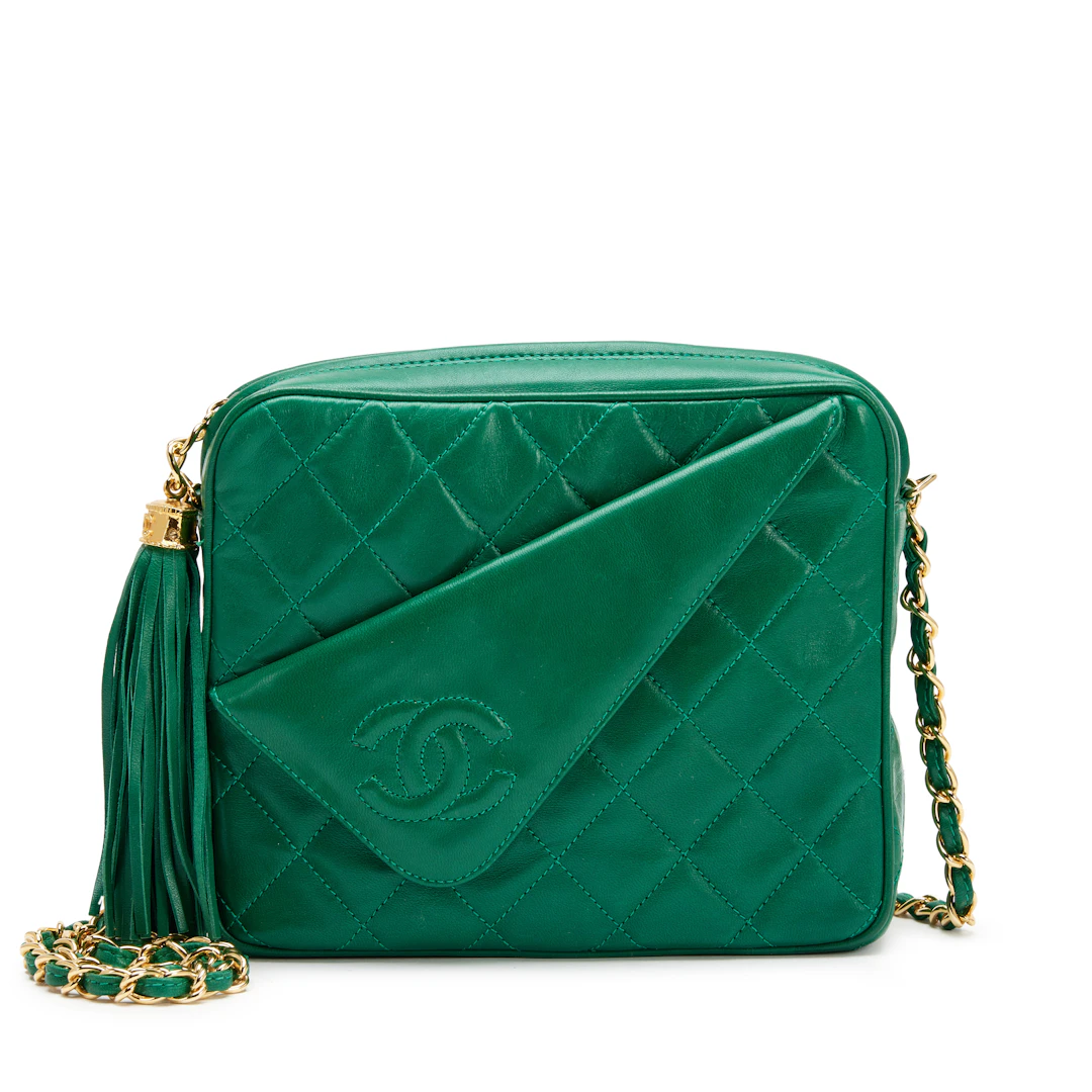 Vintage Emerald Green Quilted Lambskin Front Pocket Tassel Camera