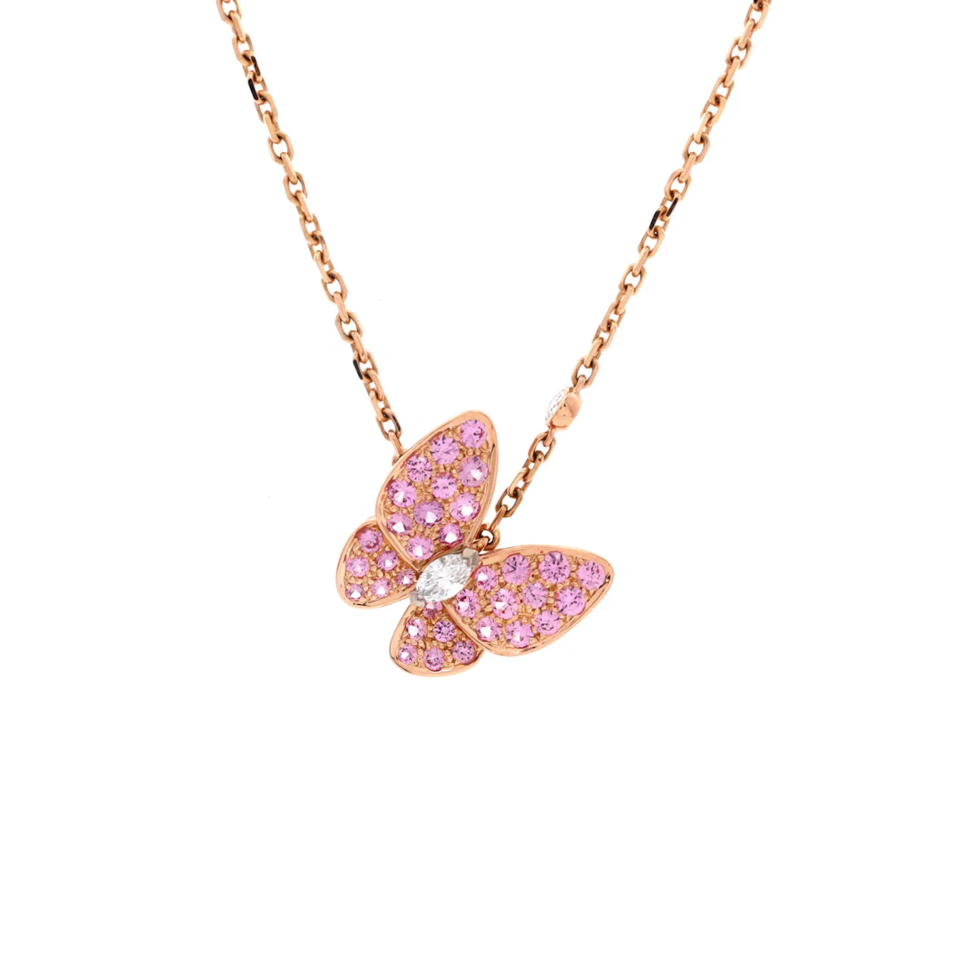 Rose Gold, Pink Sapphire and Diamond Two Butterfly Pendant Necklace