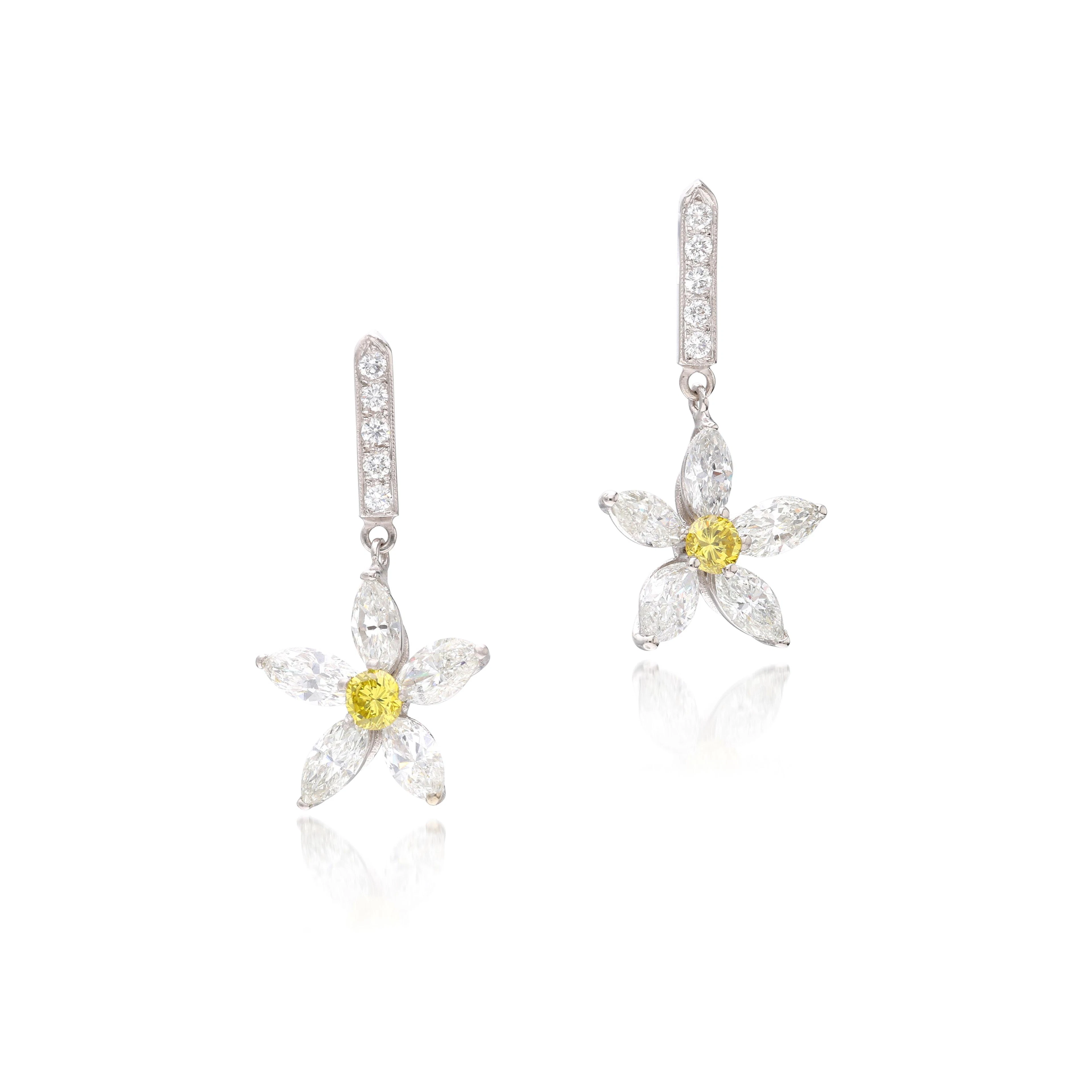 Platinum, Yellow Diamond and Diamond Drop Earrings