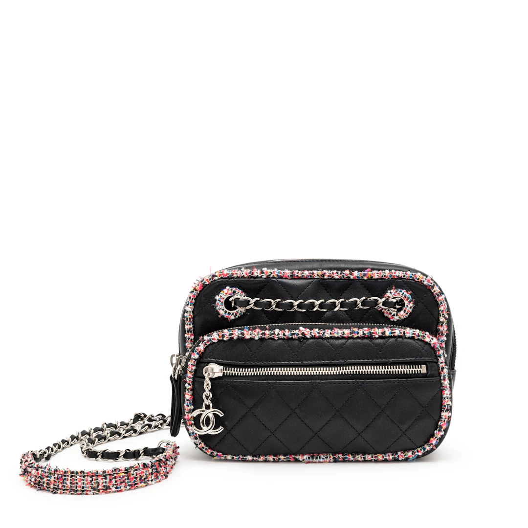 Black Quilted Lambskin and Multicolor Tweed Elegant Trim Camera Bag