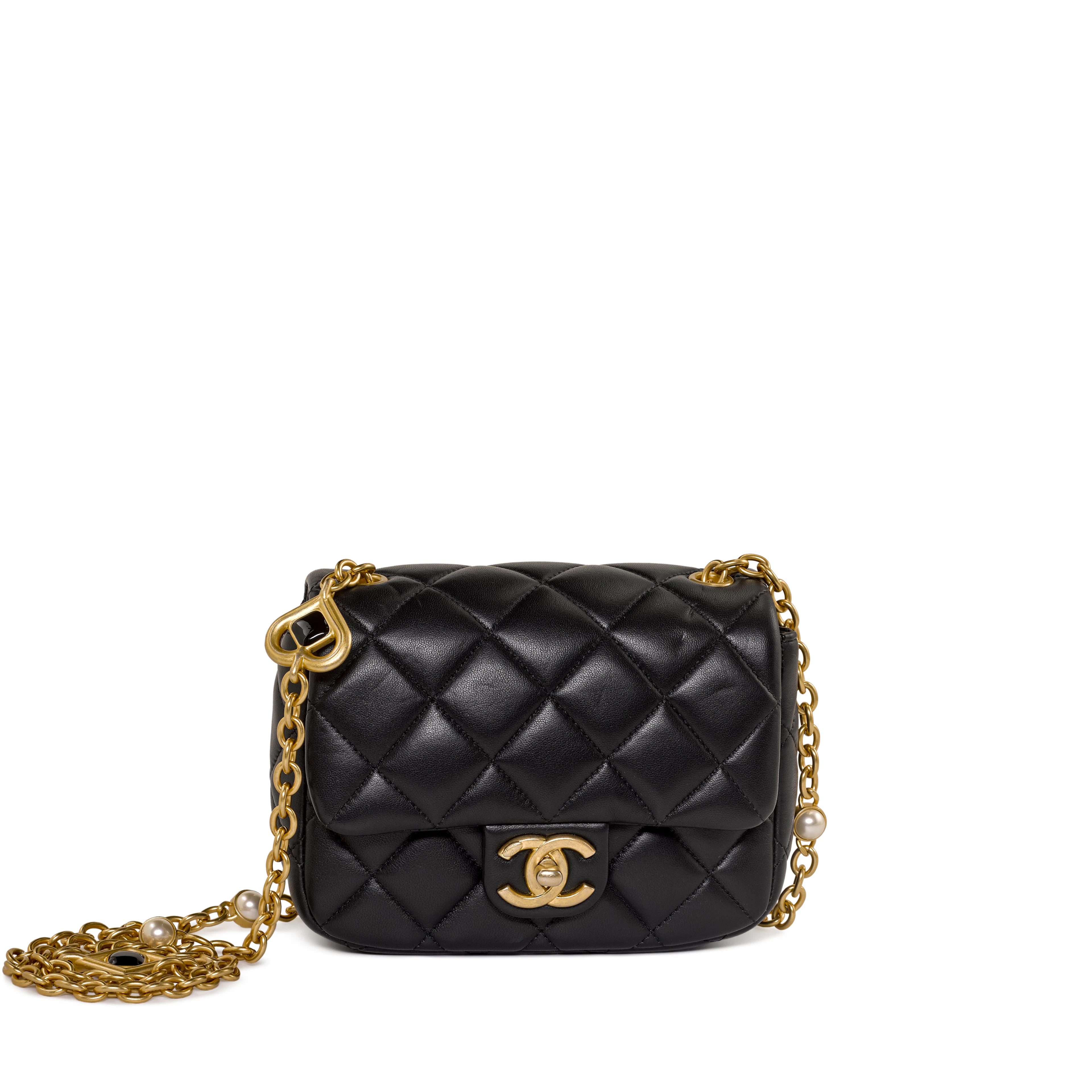 Black Quilted Lambskin Mini Rectangular Gemstone and Imitation Pearl