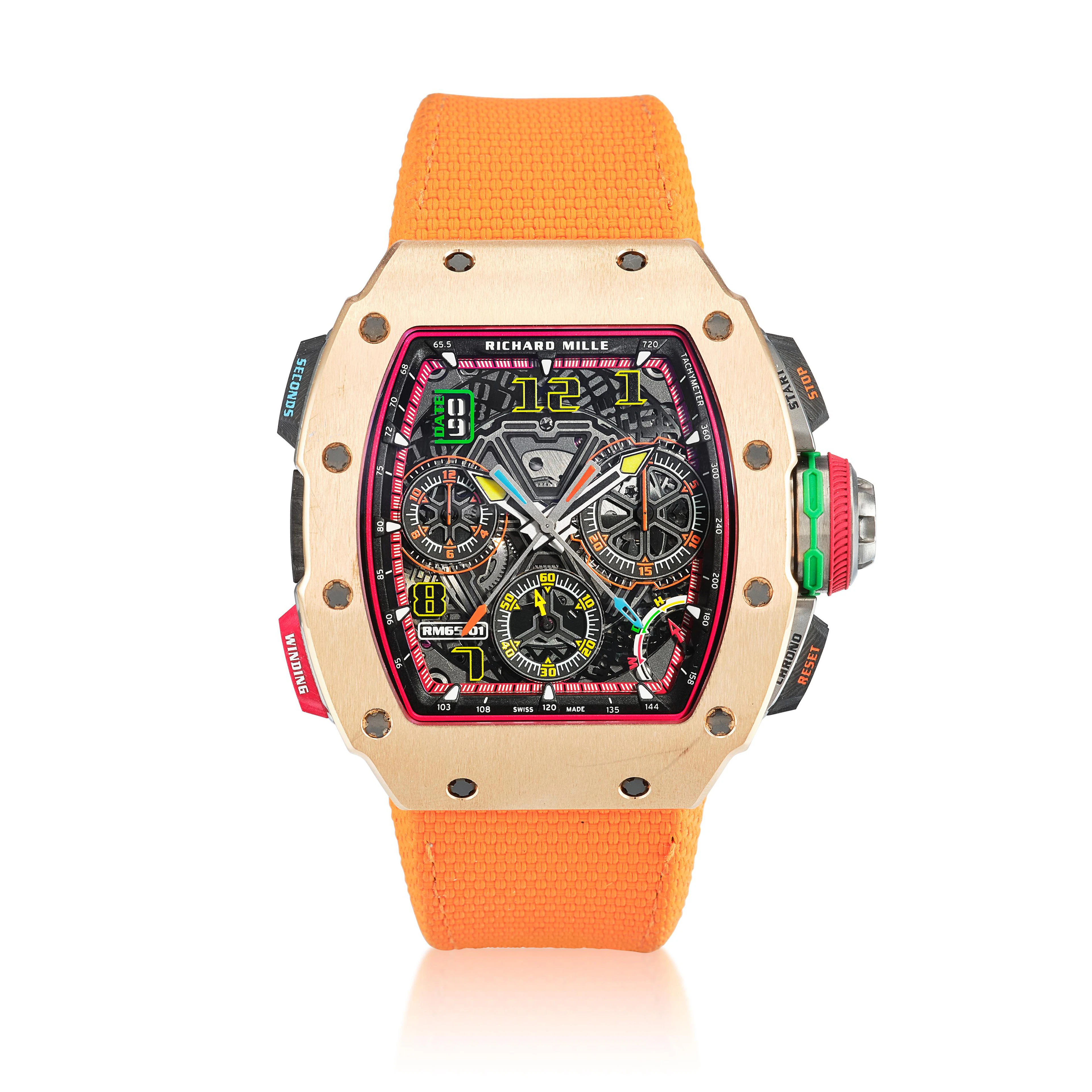 (Reference RM65-01). A rose gold semi-skeletonized split seconds chronograph