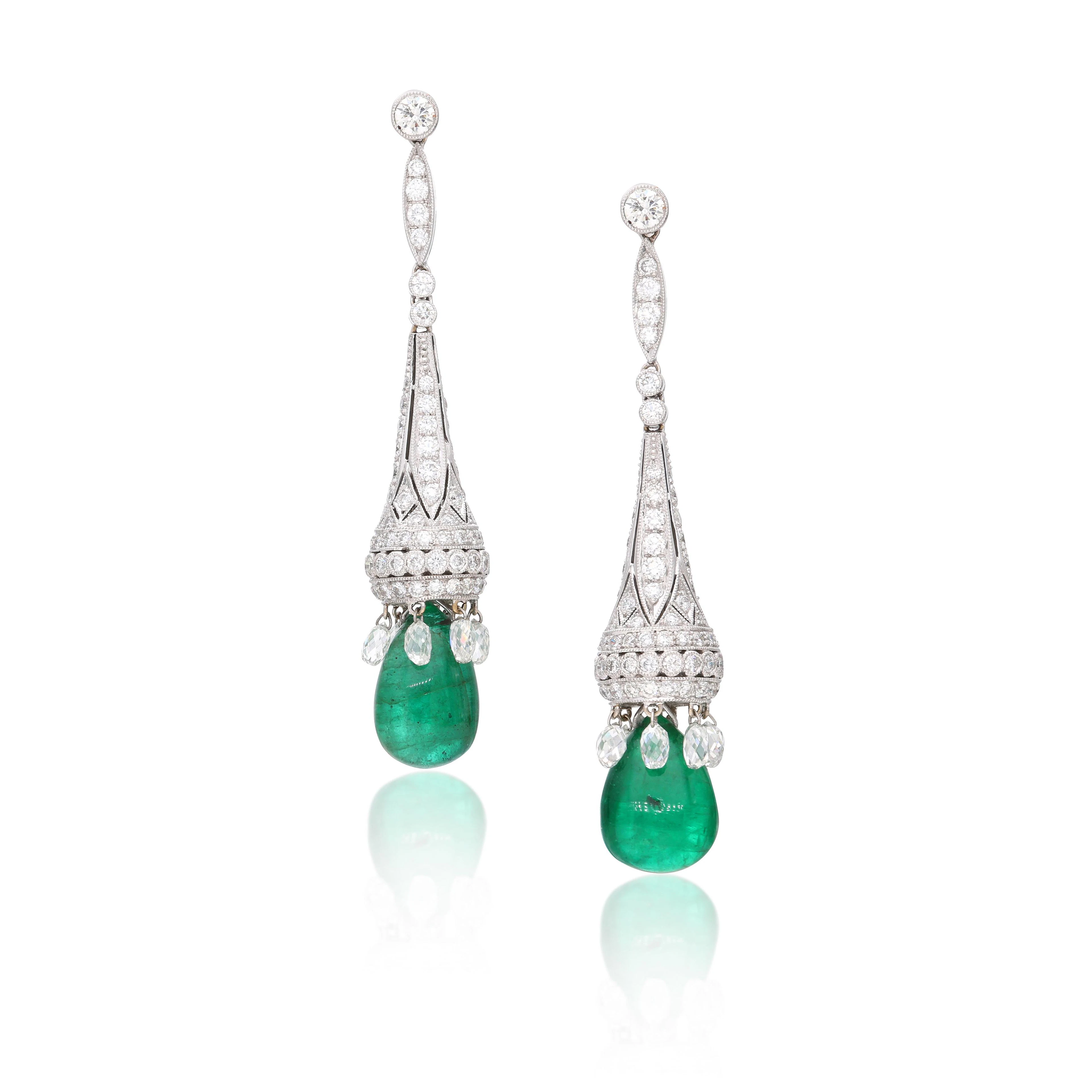 White Gold, Emerald and Diamond Drop Earrings