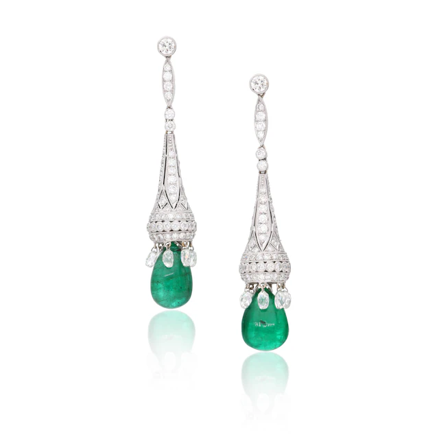 White Gold, Emerald and Diamond Drop Earrings