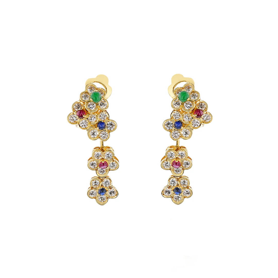 Gold, Ruby, Emerald, Sapphire and Diamond Flower Earrings