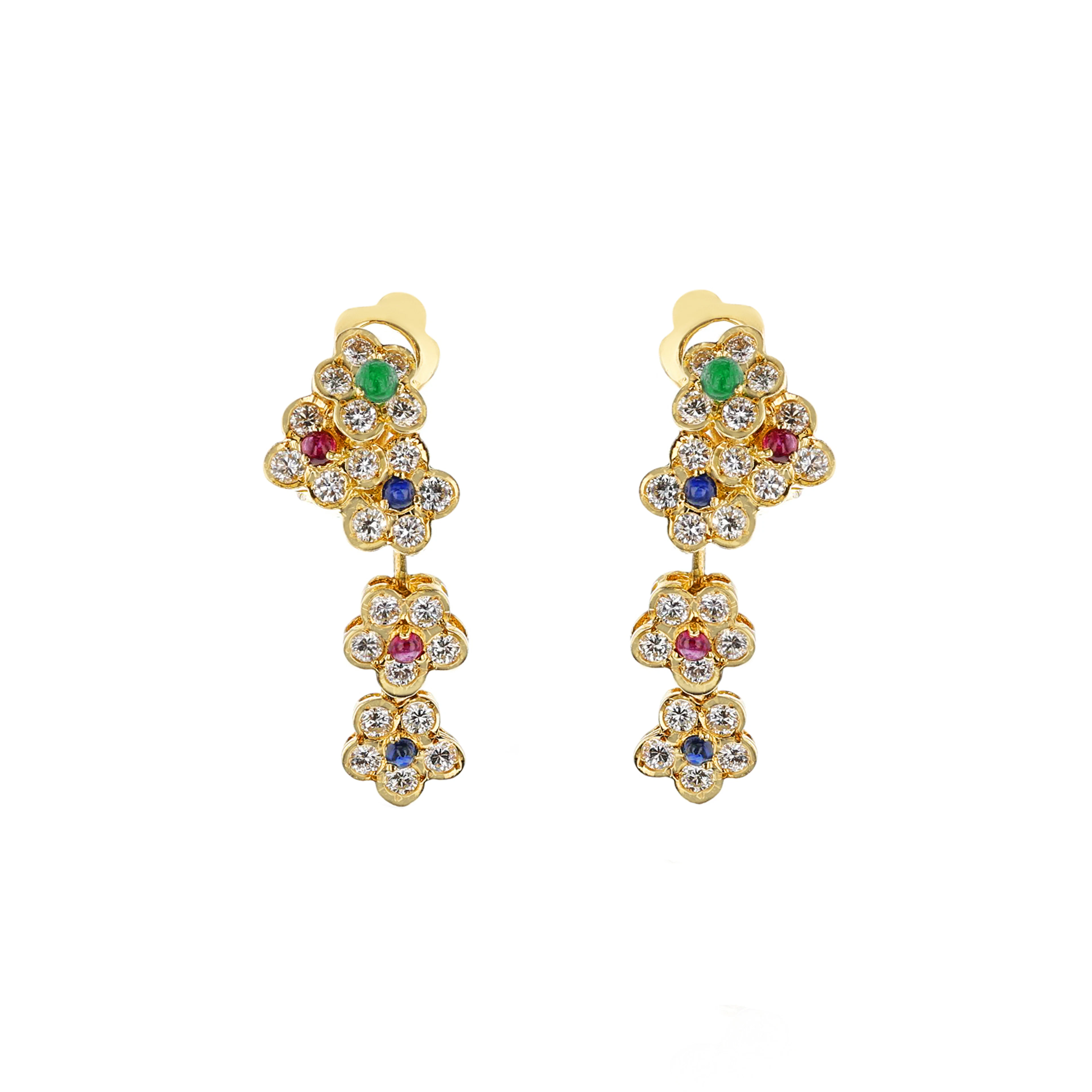 Gold, Ruby, Emerald, Sapphire and Diamond Flower Earrings